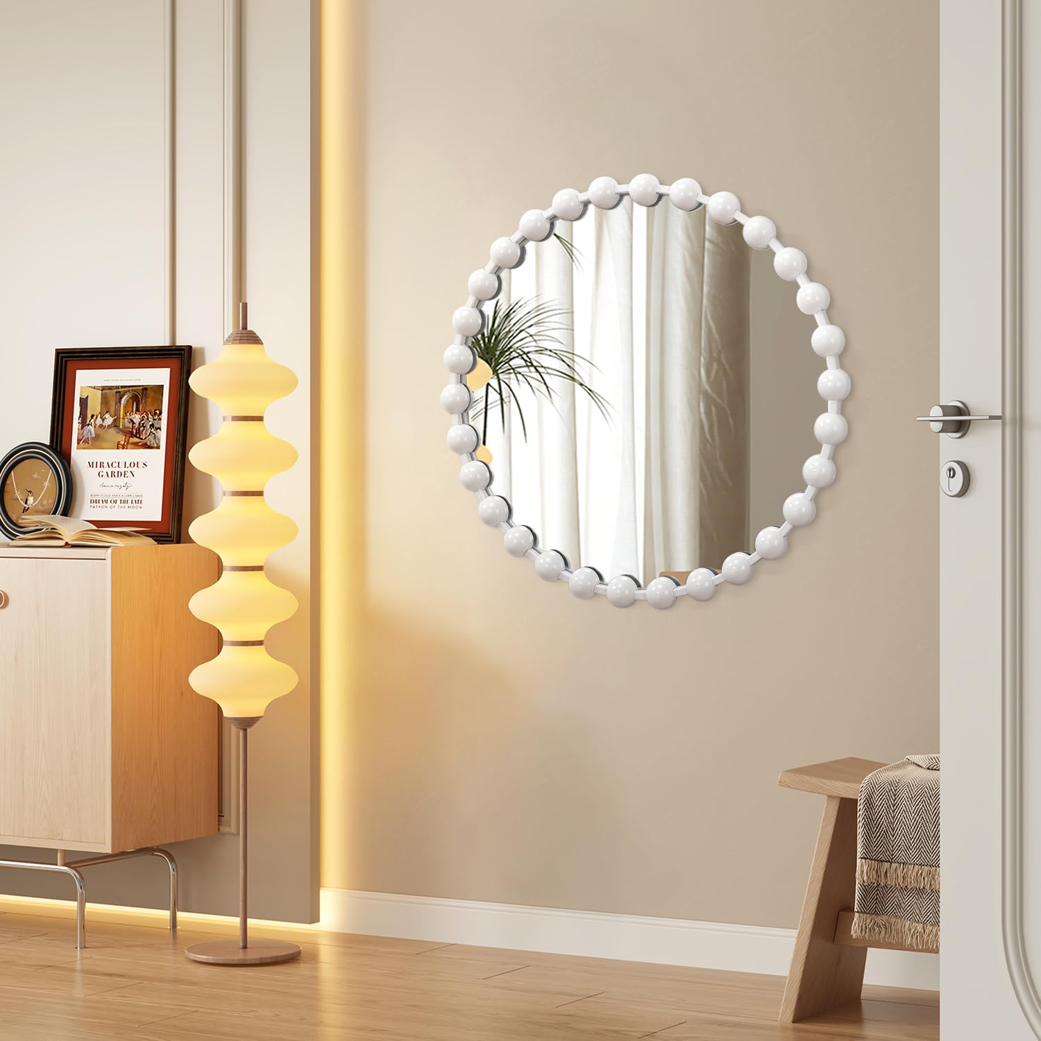 AAZZKANG Specchi circolari bianchi da parete con cornice in metallo con perline Specchio rotondo grande per bagno e camera da letto