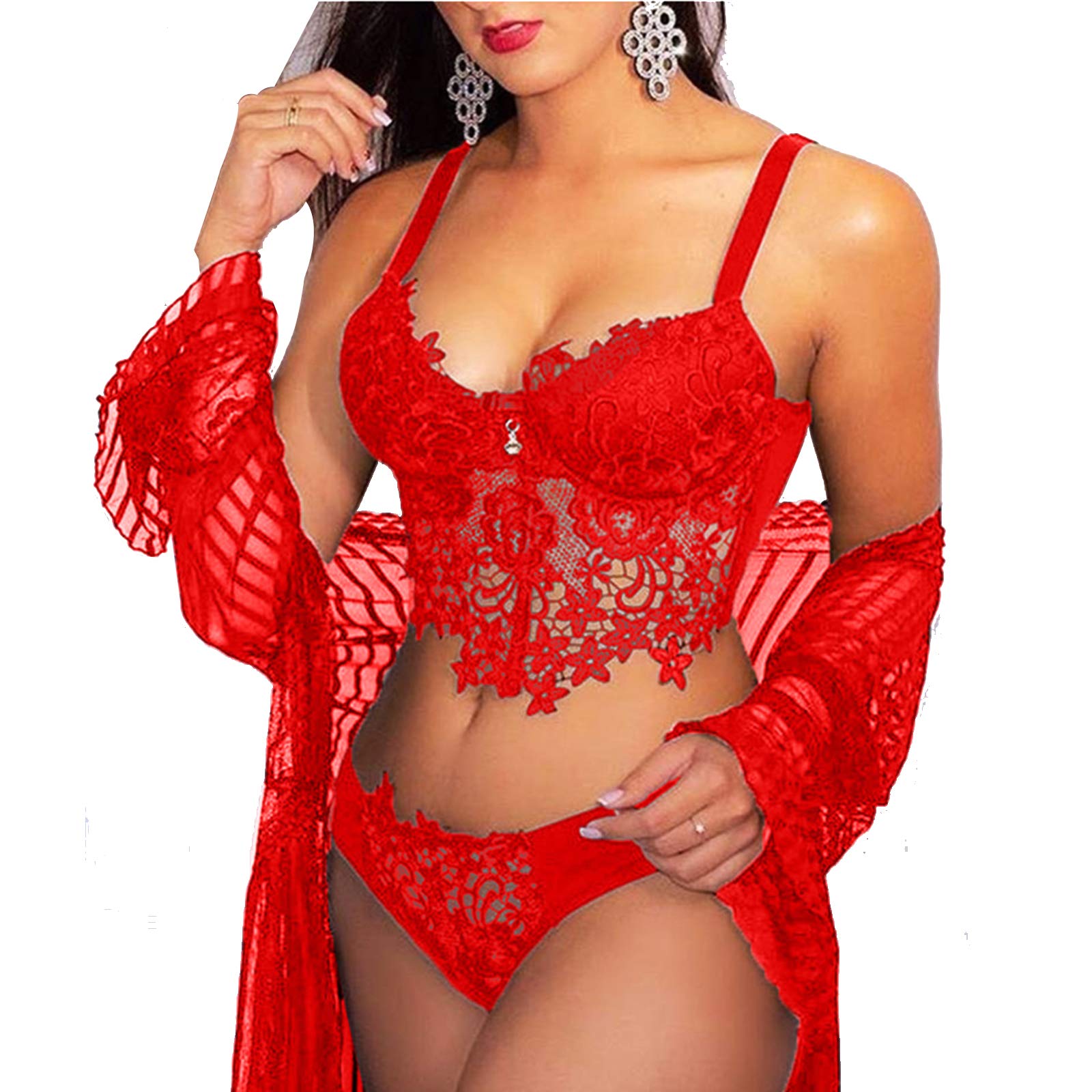 AKUNWomen's Sexy Lace Lingerie Bralette Underwear 2 Piece Bra Panty Set Strappy Babydoll Sleepwear