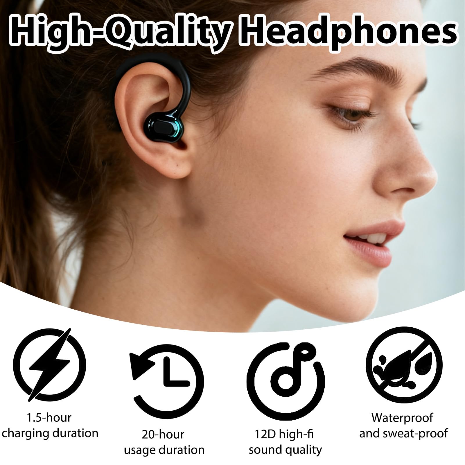 Oreillette Bluetooth sans Fil V5.2, Écouteur Mono Tour d'oreille 360° avec Micro Intégré, Main Libre Bluetooth 20h de Lecture pour iPhone Android PC Bureau Conduite Affaires Sport