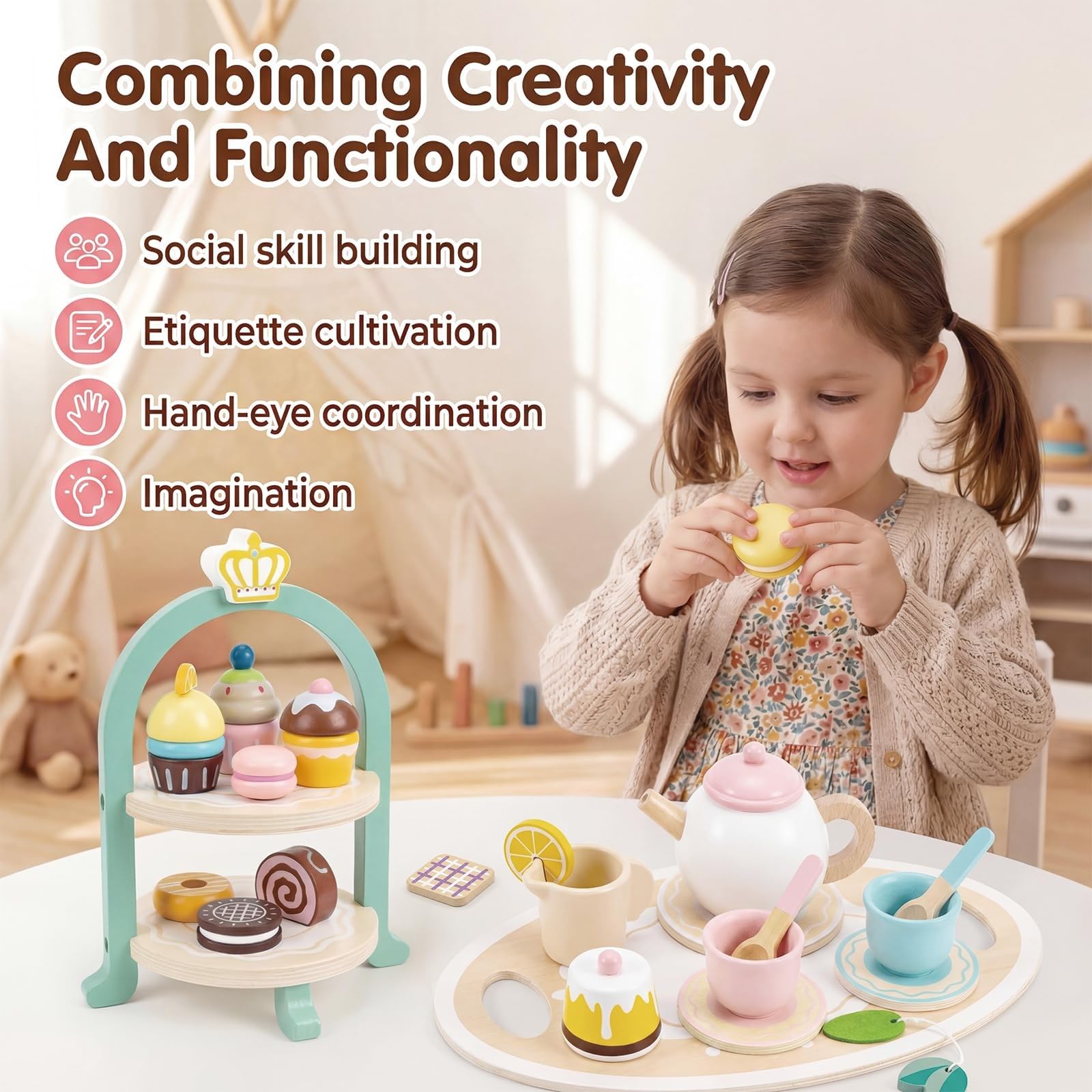 Juego de postres de madera para niños, juguete de cocina con utensilios, regalo de aprendizaje para niños y niñas, juego de cocina de cumpleaños, fiesta de té de madera, juego de cocina para niños de