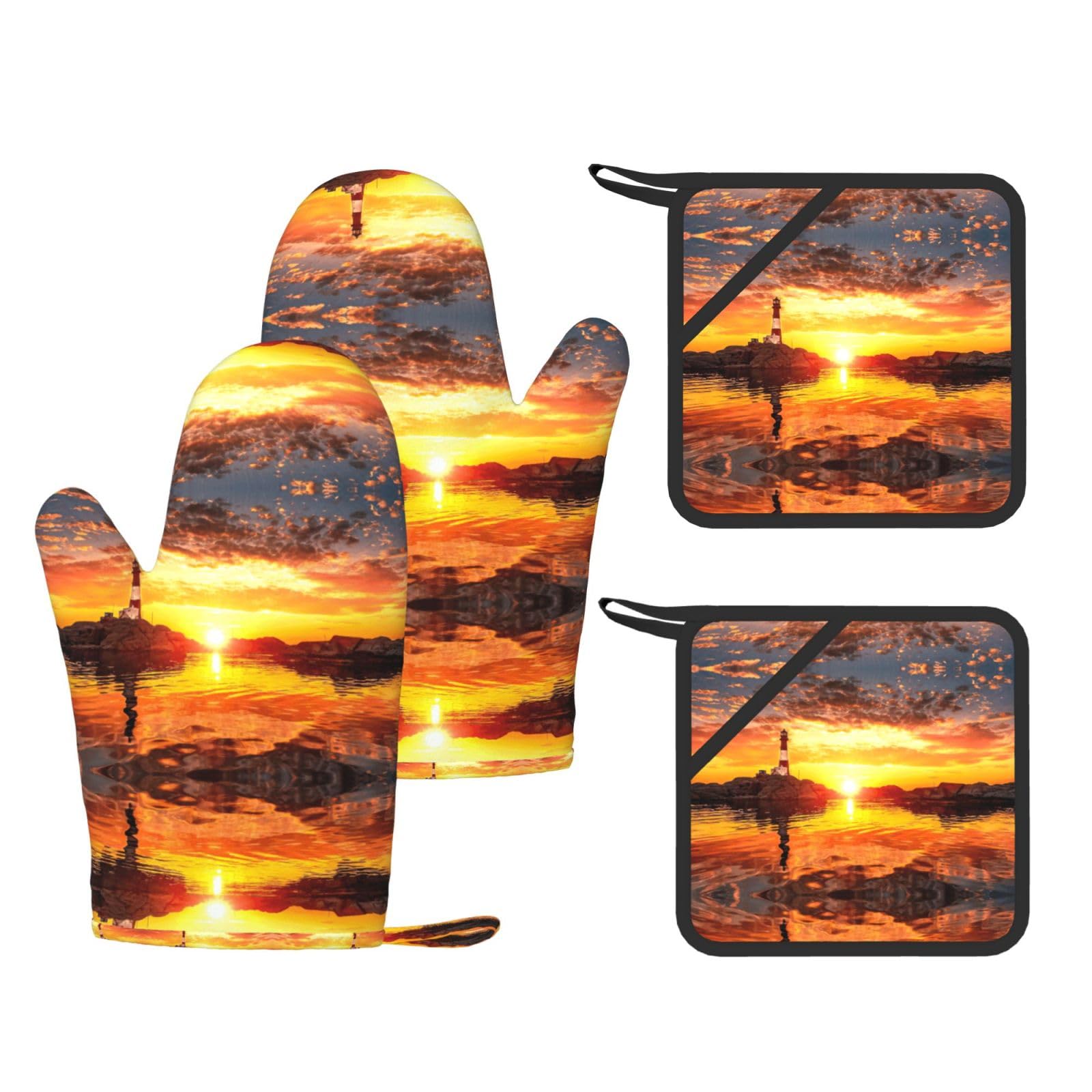 sea lighthouse in sunset Trendy Printed Kitchen Set with Heat Resistant Gloves & Non-Slip Hot Pads for Baking & Grilling