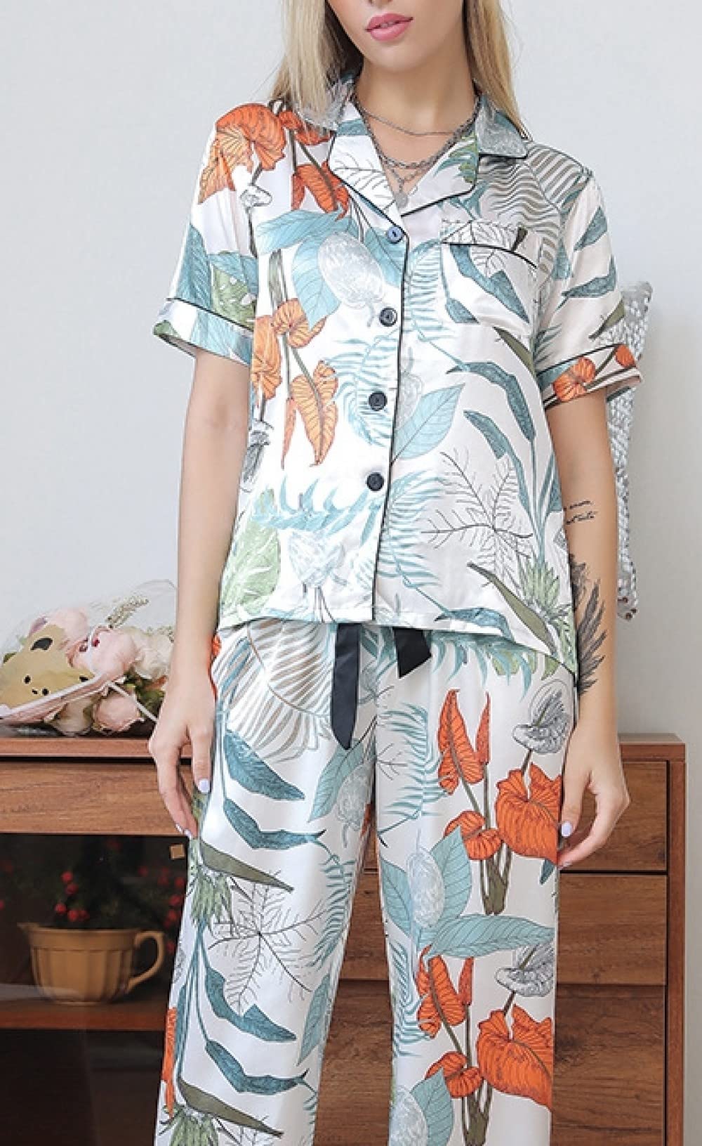 Donna Pigiama Estivo Due Pezzi,Risvolto con Stampa Foglia Blu Pigiama Estivo da Donna Set da 2 Pezzi Pigiama Morbido alla Moda Loungewear Regalo per La Festa della Mamma per Moglie Fidanzata Mamma
