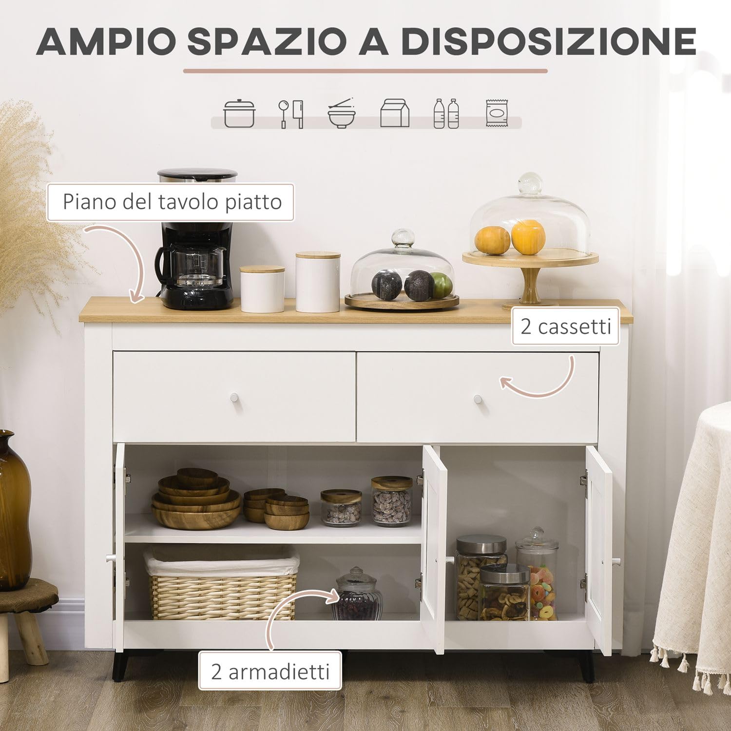 HOMCOM Credenza Cucina Buffet Moderna Madia 2 Cassetti 117x35x80 cm Bianco | 3 Ante Soft Close, Mobile Cucina, Ripiano Regolabile, Soggiorno e Ingresso, in Legno