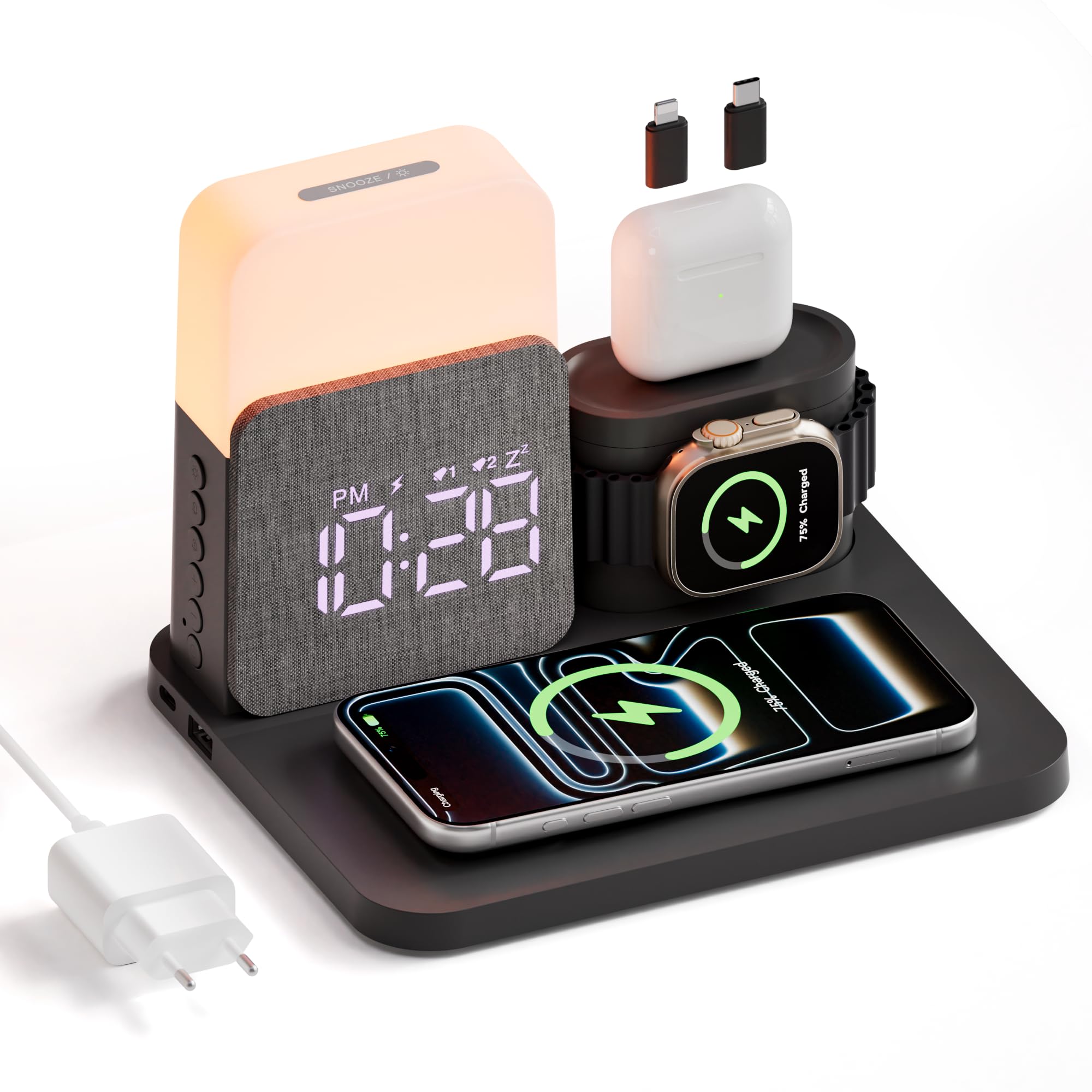 5 in 1 Induktive Ladestation für A-pple Watch und Phone 17-11 und air-pods | 15W Wireless Charger Wecker mit Ladestation Nachttischlampe mit Ladefunktion mit Adapter zu Schlafzimmer