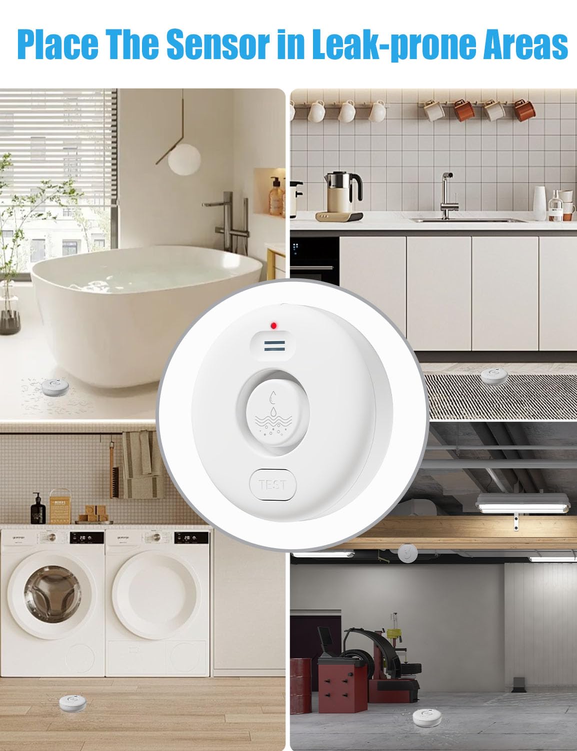 Paquete de 5 detectores de alarma de fugas de agua, sensor de agua de alerta fuerte de 120 dB, IP66 impermeable, alerta sensible de fugas y goteo, fácil instalación para el hogar, prevención de