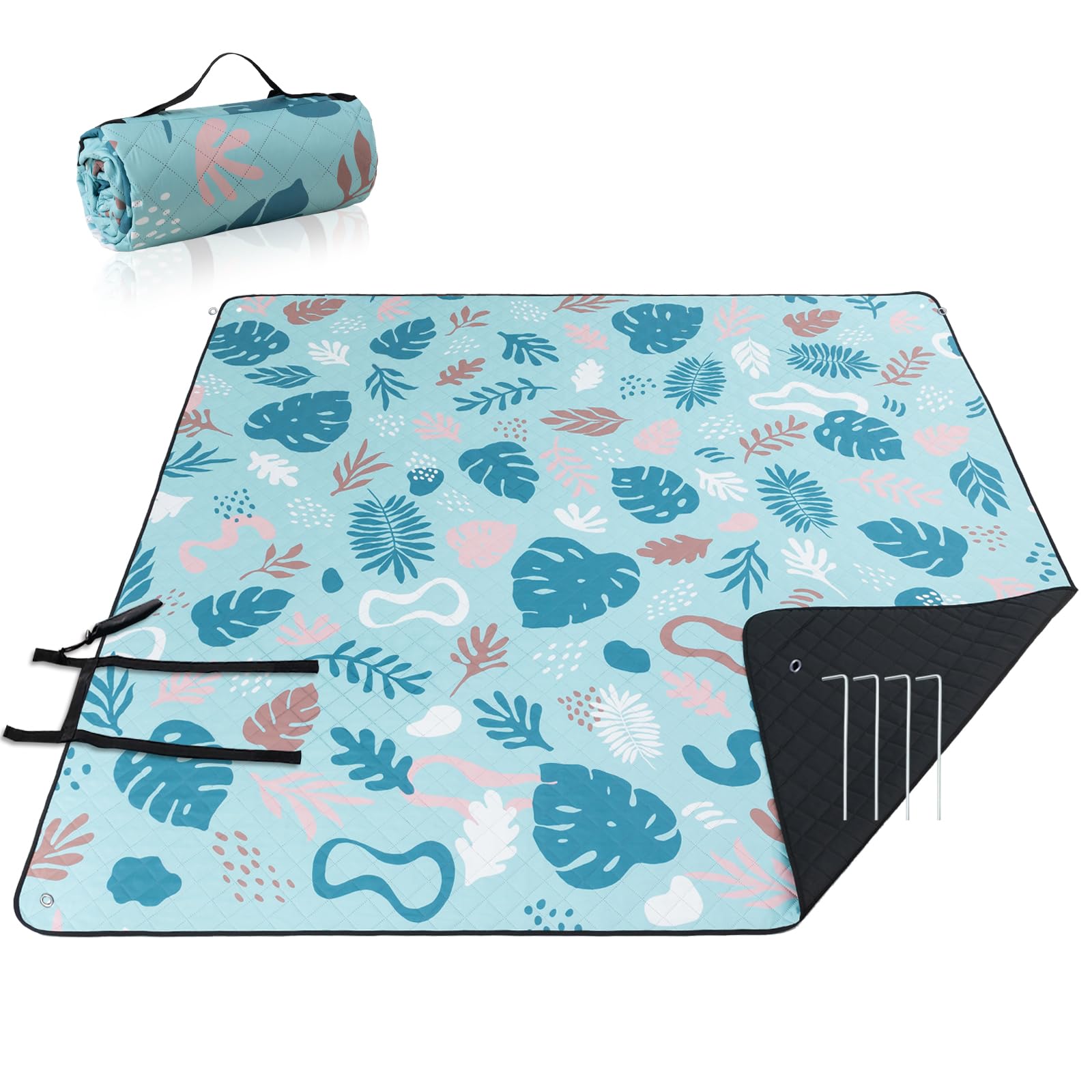 PY SUPER MODE Extra Large Waterproof Picnic Blankets 83x79 Inches - 5 Layer Outdoor Picnic Mat for Beach Camping Park Lawn, Windproof Anchor System