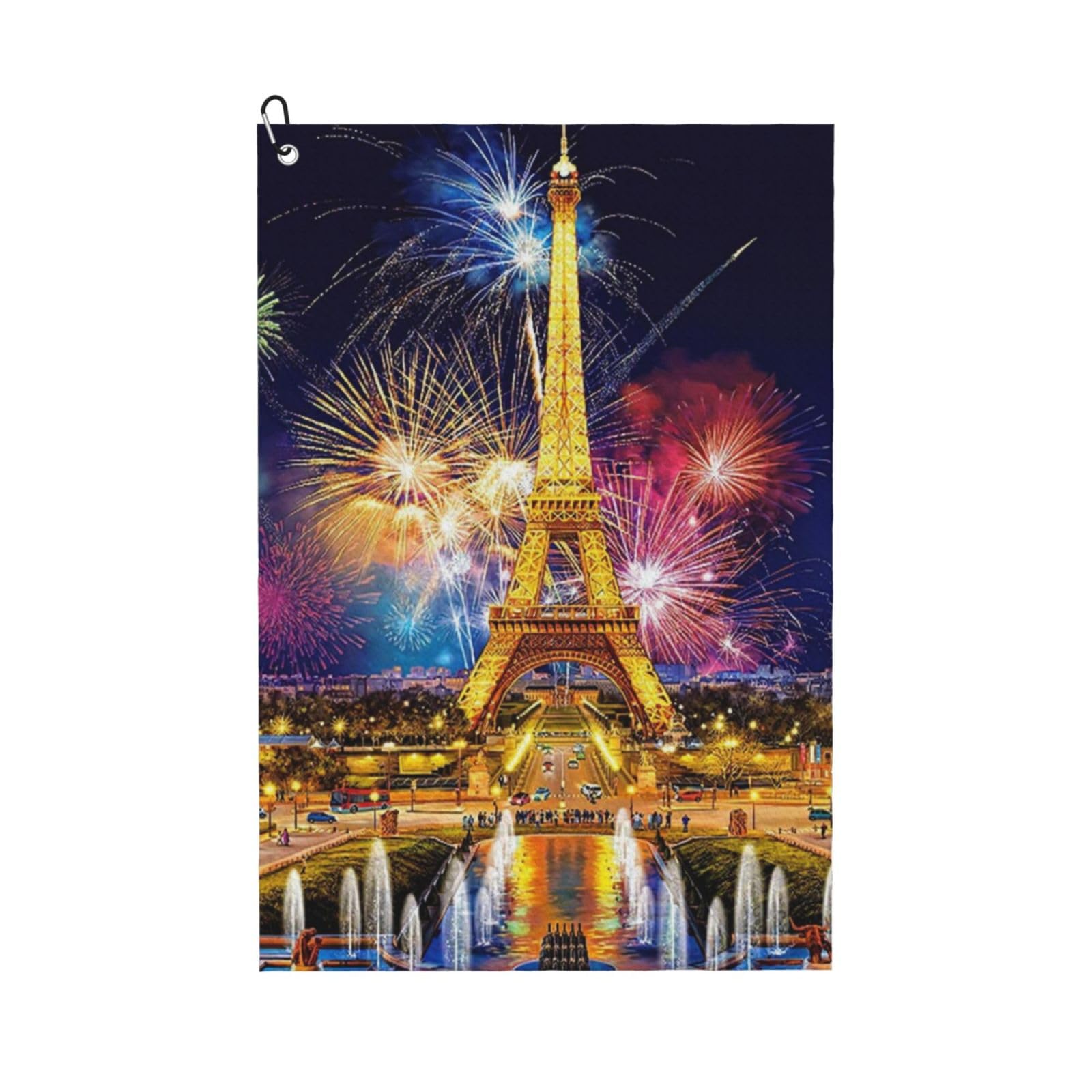 Oudrspo Fireworks Paris Eiffel Tower Paint Microfiber Golf Towel with Carabiner Clip, 16x24 Inch Absorbent Waffle Weave Towel for Golf Bags