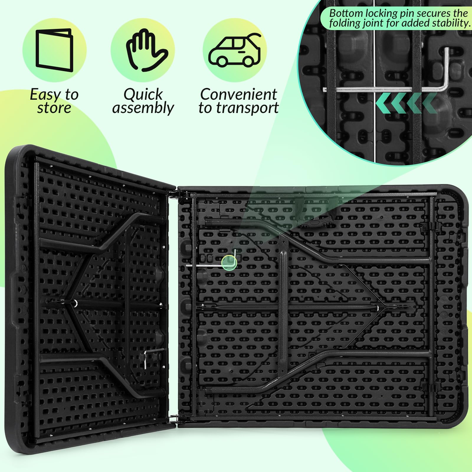 Velway Tavolo Pieghevole da Esterno 180x75x73cm - Portatile Tavolo Pieghevole Campeggio per 6-8 Persone con Maniglia e Blocco di Sicurezza Salvaspazio per Giardino, Feste Buffet, Mercatini - Nero