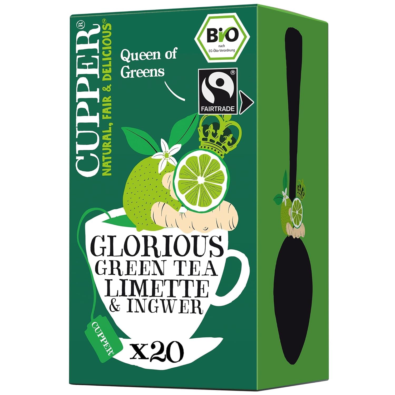 Cupper Grüner Tee Bio, Limette und Ingwer, fair gehandelt, 20 ungebleichte plastikfreie Teebeutel