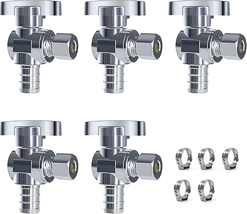 VINTEX Paquete de 5 válvulas Pex de 12 pulgada x 38 pulgadas de ángulo Od Pex, válvula de cierre de agua, accesorios de crimpado de cuarto de