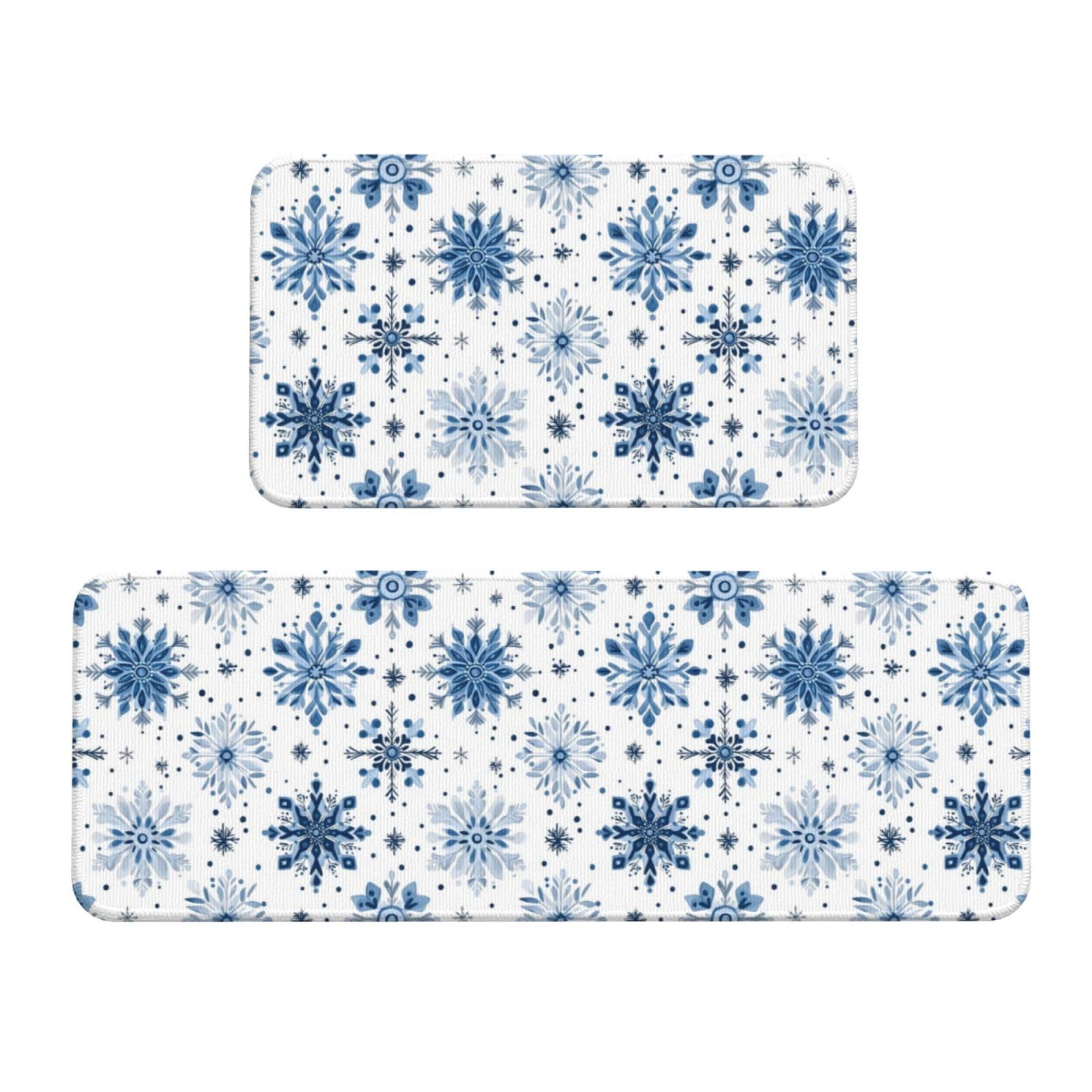 GVYGVY Antifatigue Kitchen Mats for Floor 2 Piece - Blue Snowflakes Print Kitchen Rugs Washable, Non Slip Runner Rug Standing Mat for Office/Bathroom/Laundry/Home Decor and Accessories