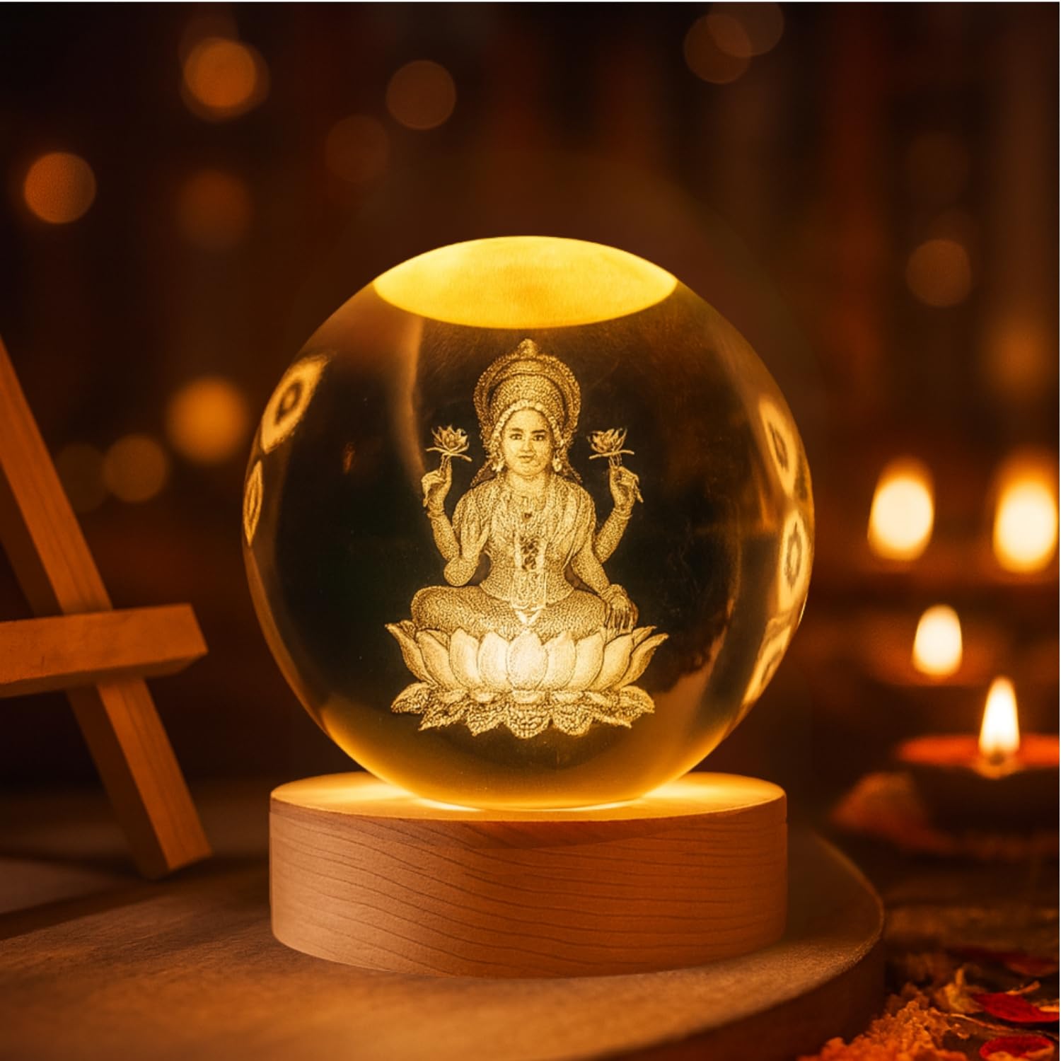 One94Store 3D Crystal Ball Night Lamp – Engraved Goddess Lakshmi LED Light, USB-Powered Table Lamp with Wooden Base, Elegant Home & Office Décor, Bedroom, Anniversary, Birthday Gift (Warm White)