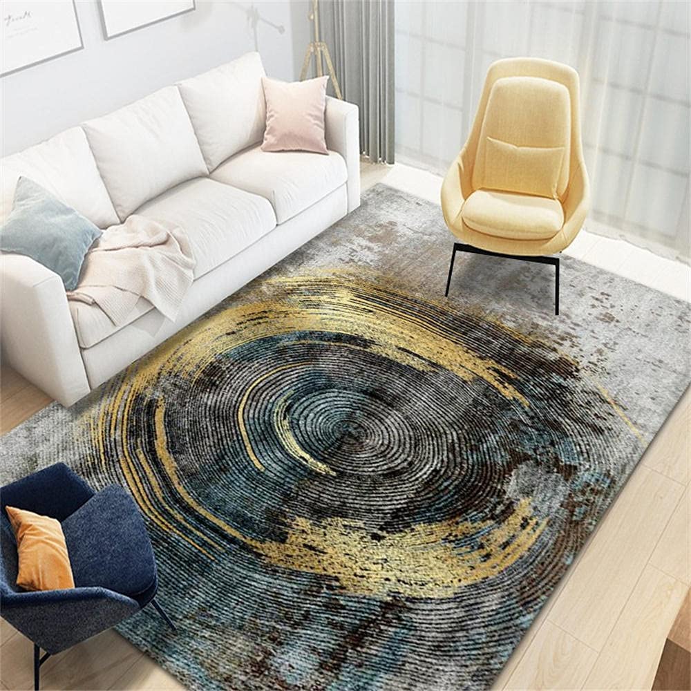 Tapis lavable 200X250cm anti-tache graphique gris bleu | Grand tapis salon moderne facile d'entretien