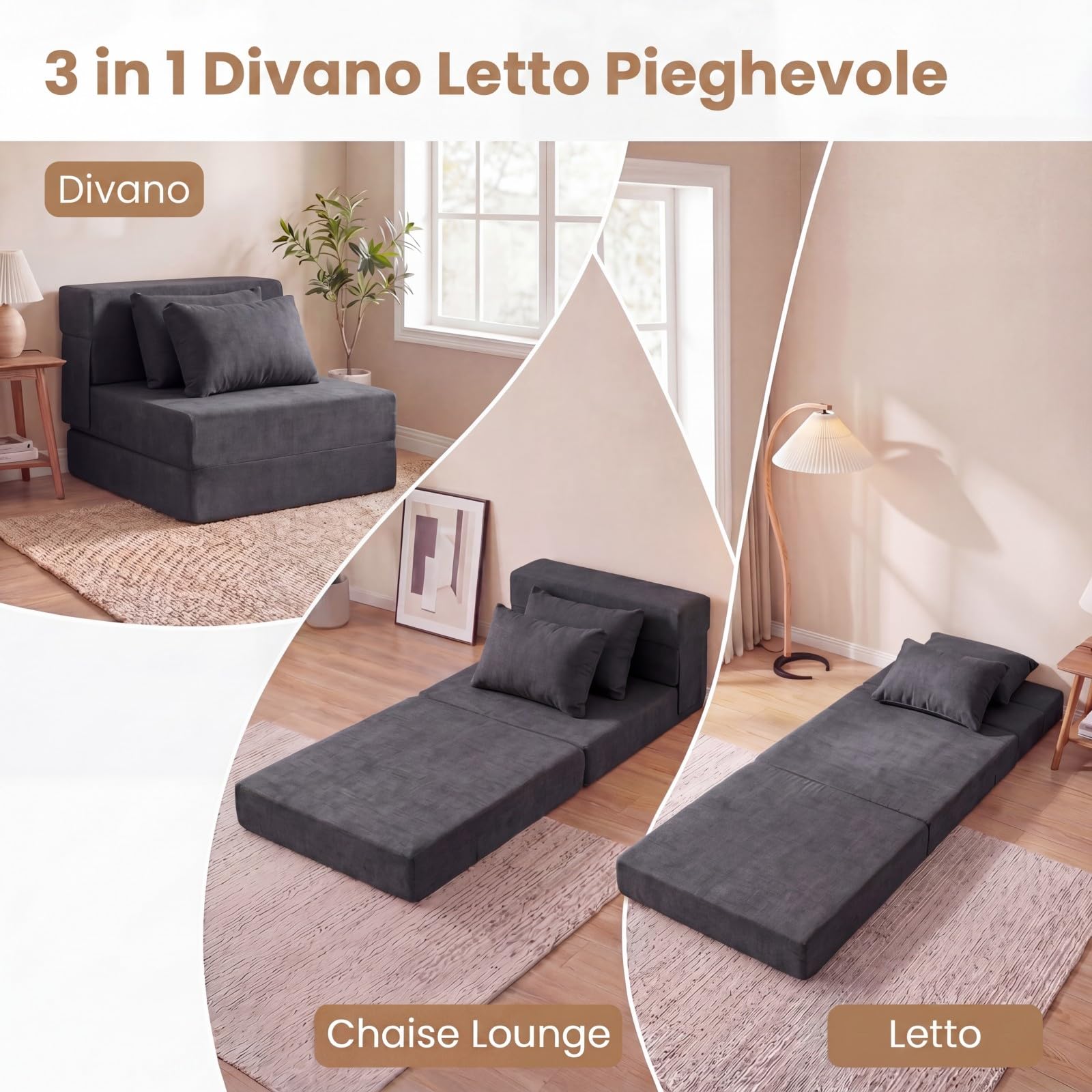 SOARS Divano Letto 2 Posti Pieghevole, 3 in 1 Divanetto Trasformabile con 2 Cuscini, Schiuma ad Alta Densità e Rivestimento in Tessuto Chenille, Poltrona Letto per Soggiorno (Grigio,72 x 76 x 58 cm)
