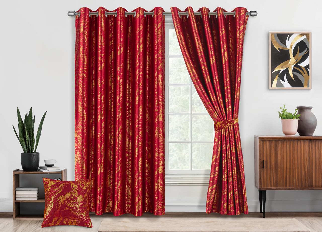 MILANO COLLECTIONS® Metallic Foil - Marble Printed Pattern Blackout Curtains for Bedroom & Living Room – 2 Panels with Tiebacks & 4 Cushion Covers - Red