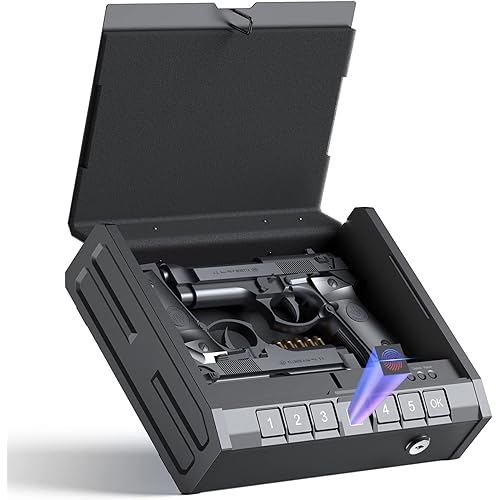 Gun Safe Biometric Gun Safes for Pistols, 3-Way Quick Access Pistol Safe with Fingerprint Keypad Keys, Heavy-Duty Steel Material Portable Handgun Safe Box for Home