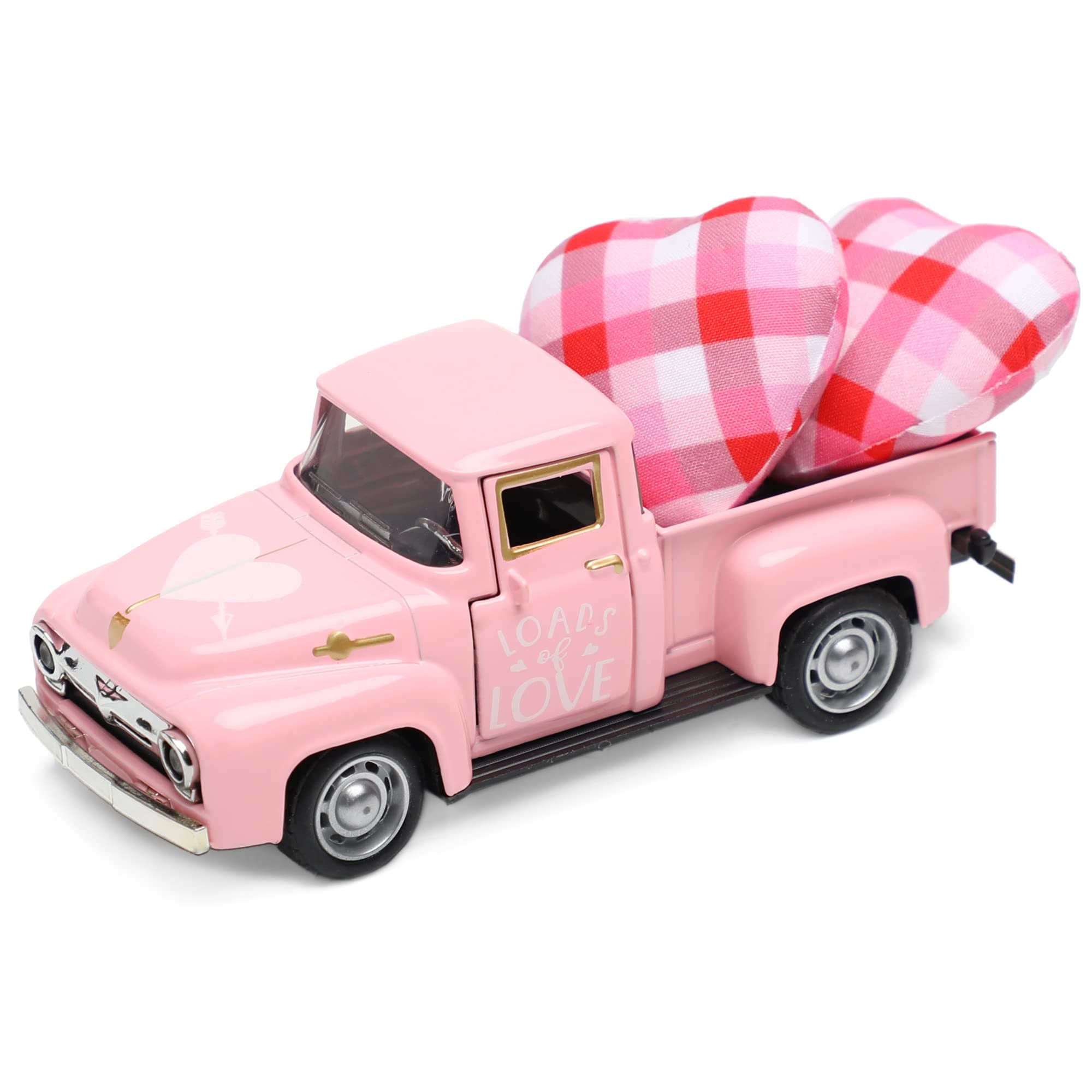 Mini Valentine’s Day Metal Farm Truck with 2 Hearts, Vintage Love Romantic Tiered Tray Decor Diecast Pickup Truck Model for Shelf Table Décor 4.8inch