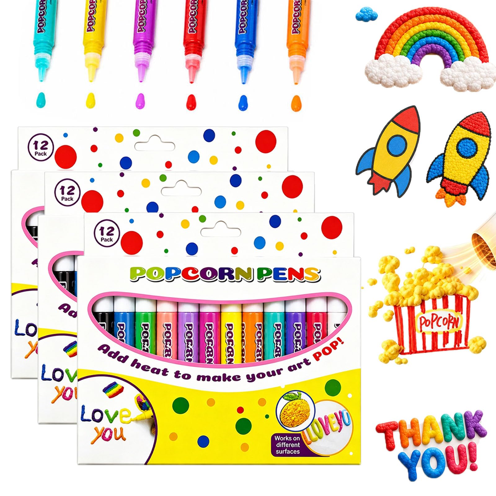 Everydries Magic Popcorn Pen, DIY Bubble Popcorn Drawing Pens, 3D Puffy Embellish Decorate Graffiti Stationery for Greeting Birthday Cards Kids Christmas (12color-3pcs)