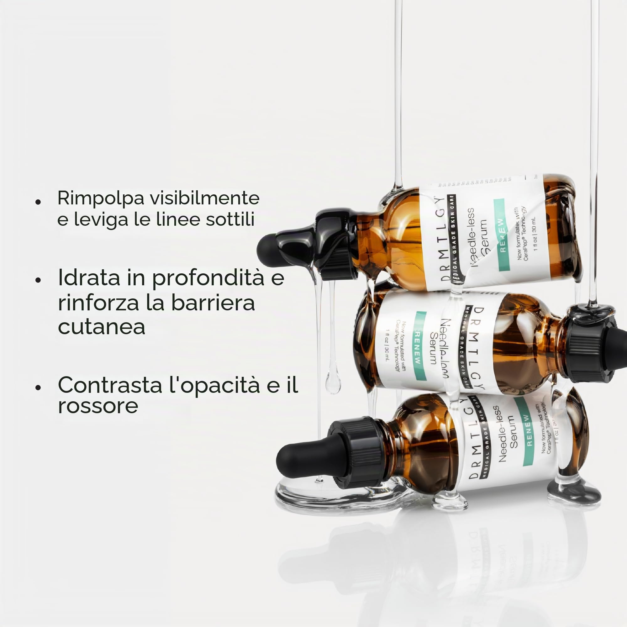 DRMTLGY Siero Senza Ago: trattamento antietà che riduce rughe e linee sottili con niacinamide, acido ialuronico, peptidi e ceramidi. Idrata, rassoda e dona luminosità alla pelle.