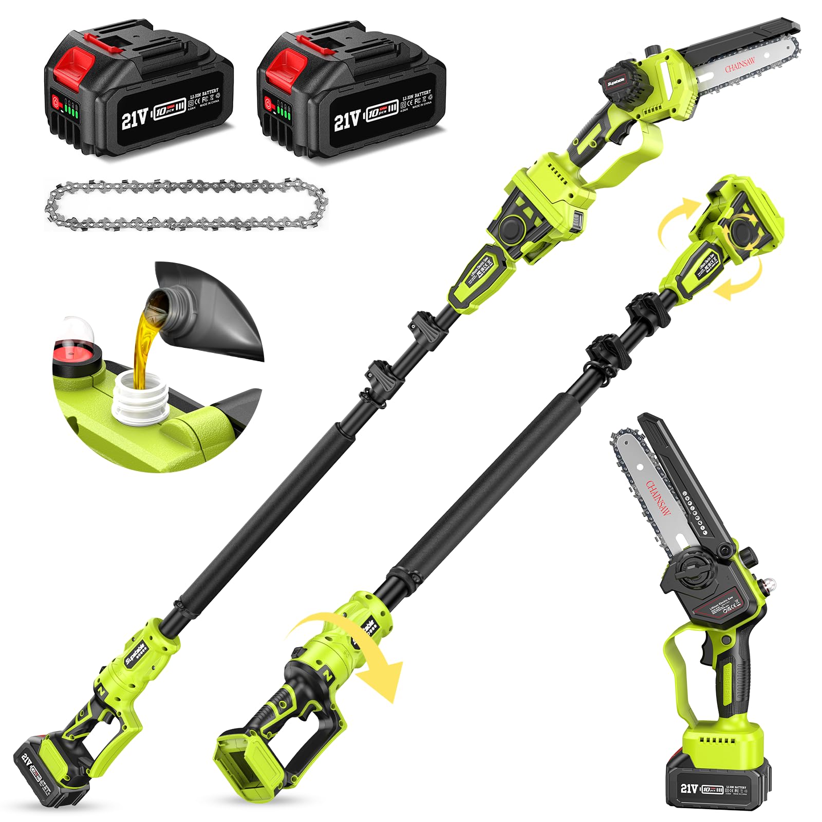 2-IN-1 Cordless Pole Saw & Mini Chainsaw w/ Brushless Motor, 2*4.0Ah Battery Powered 6" Electric Telescoping Pole chainsaw 15 Ft Max Reach, Adjustable Head Pole Saw for Tree Trimming Pruning