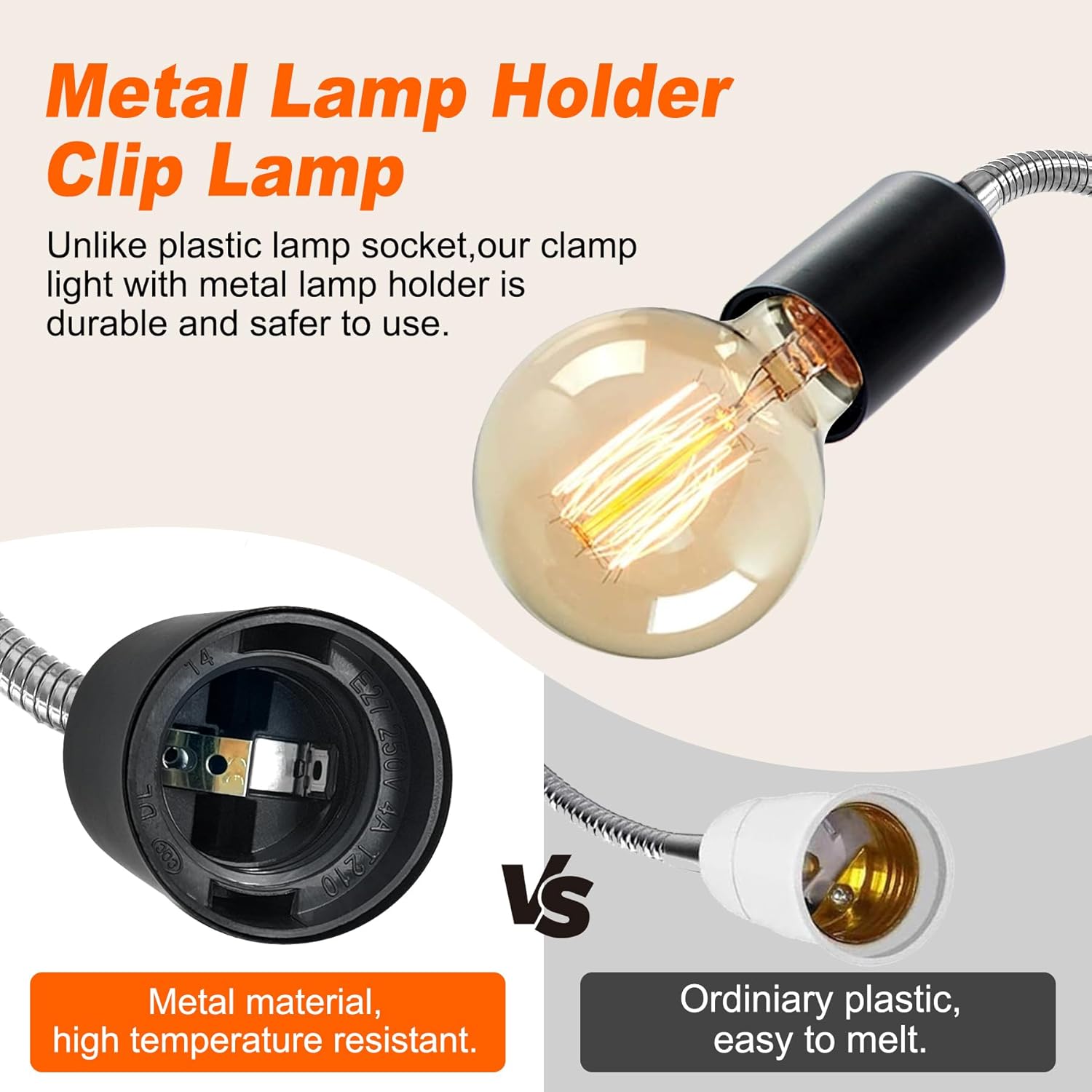 Clip-on E26/E27 Clamp Light Socket with 220 CM Cable, 360 Rotatable Flexible Desk Lamp, 9MM & 350MM Thickened Lengthened Gooseneck, Metal Base, for Bedside