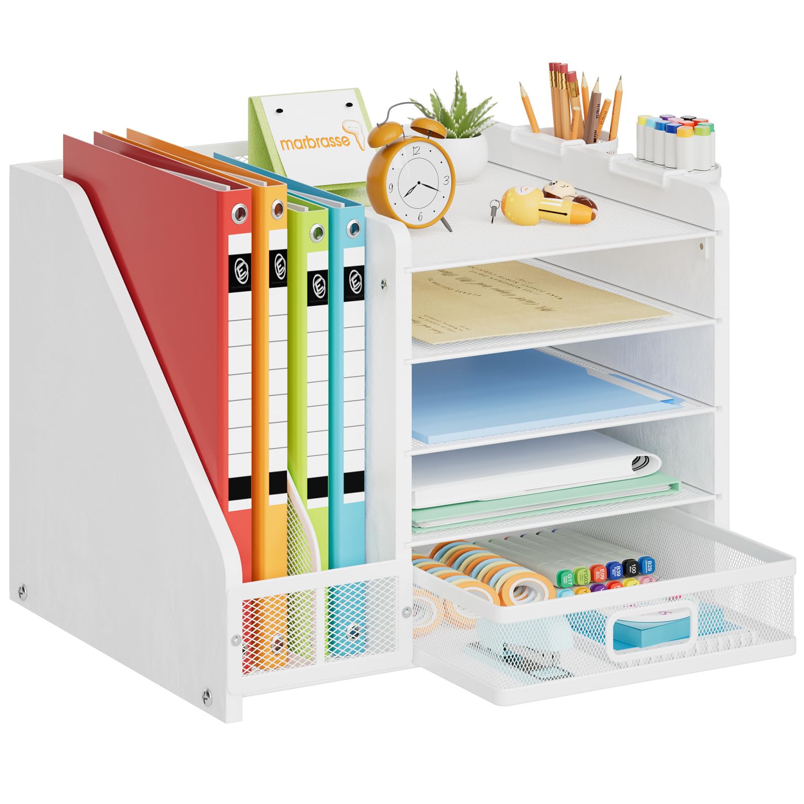 Marbrasse Desk Organizer with File Holder, 5-Tier Paper Letter Tray Organizer with Drawer and 2 Pen Holder, Mesh Desktop Organizer and Storage with Magazine Holder for Office Supplies (Wood-White)