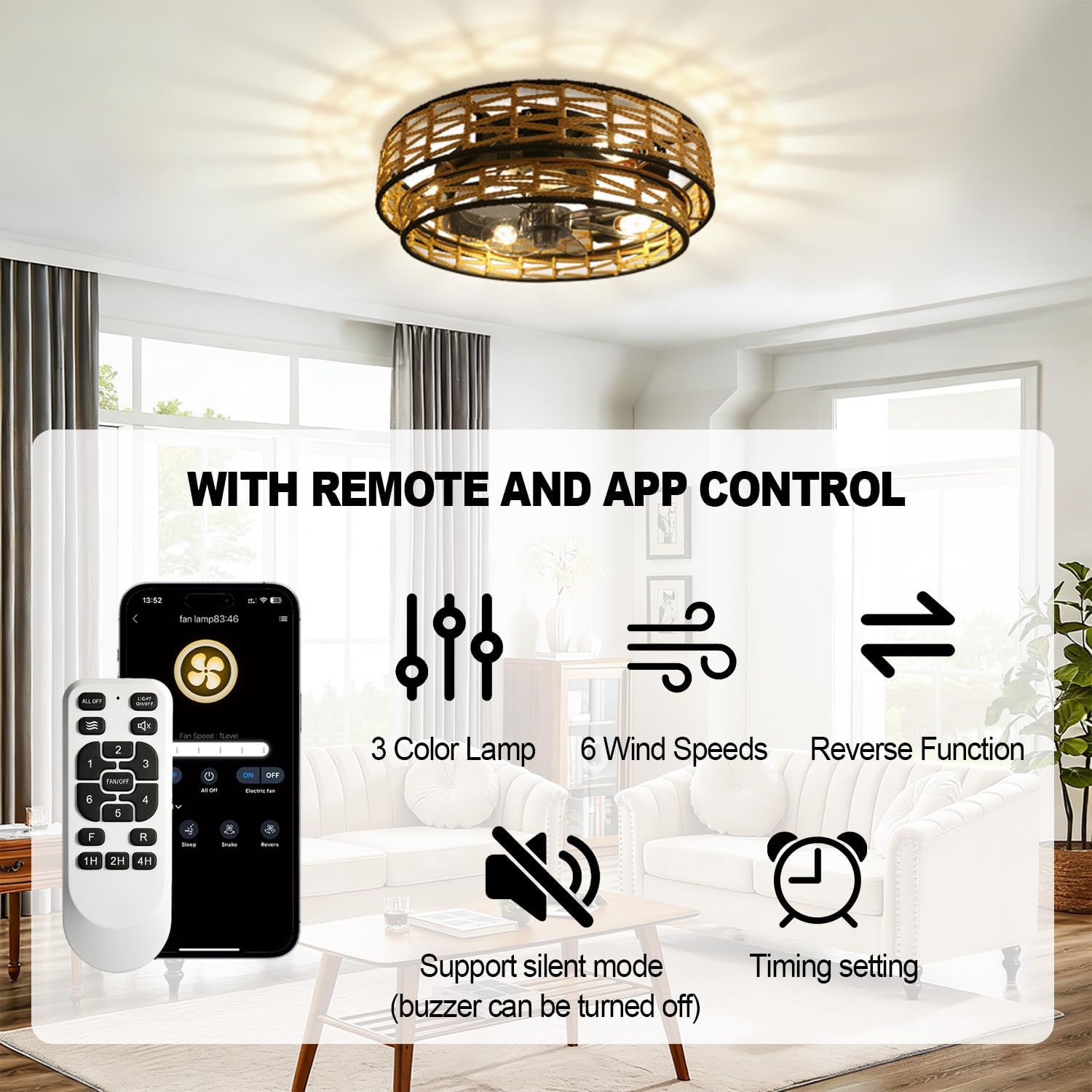 Ceiling Fans with Lights Flush Mount, 20 Inch Caged Low Profile Ceiling Fans with 3 Mode Lighting and Remote Control with E26 Bulbs for Bedroom, Nursery, Garage (Light Brown)