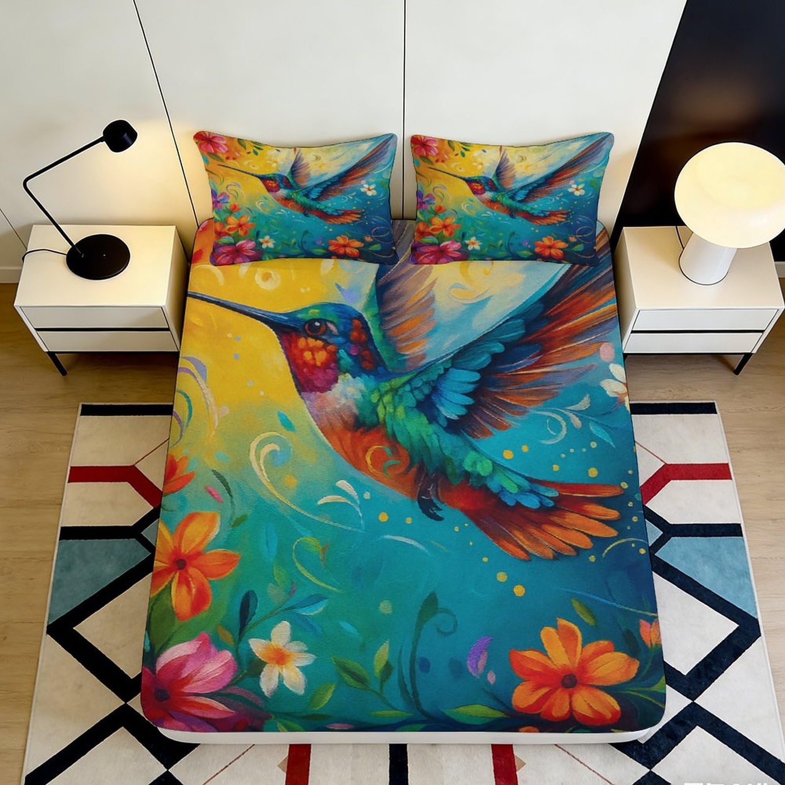 3D Printed Hummingbird Floral Fitted Sheet Microfiber Vibrant Colorful Bird Mattress Cover for Bedroom Guest Room 160x200x25cm