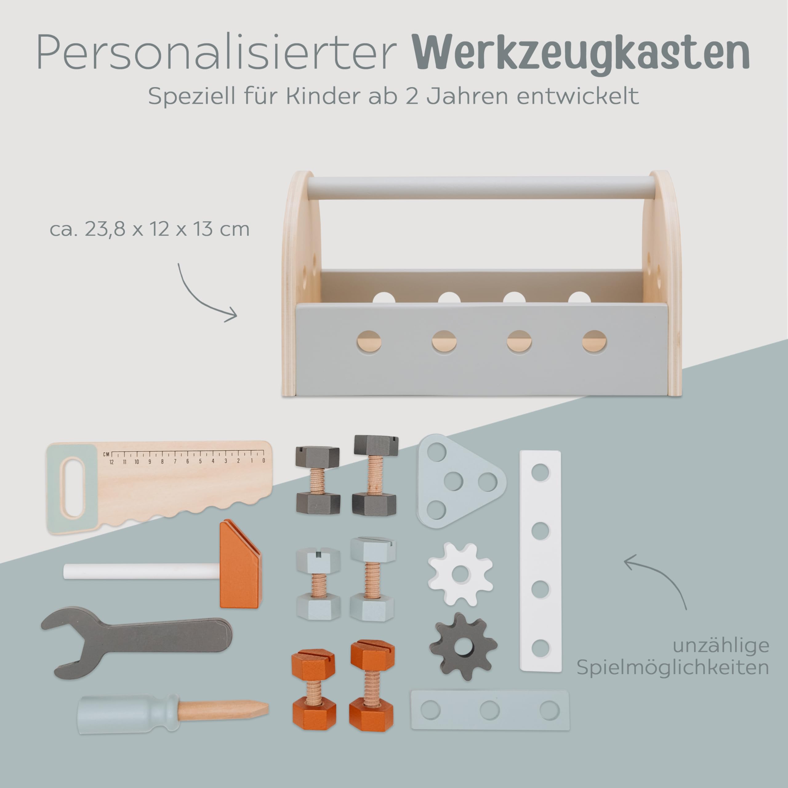wunderwunsch Tryco Kinder Werkzeugkasten Holz, Werkzeugkoffer als Geschenk, Werkzeugset für Kleinkinder zum Lernen, Motorikspielzeug personalisiert, individualisiert (ohne Name)