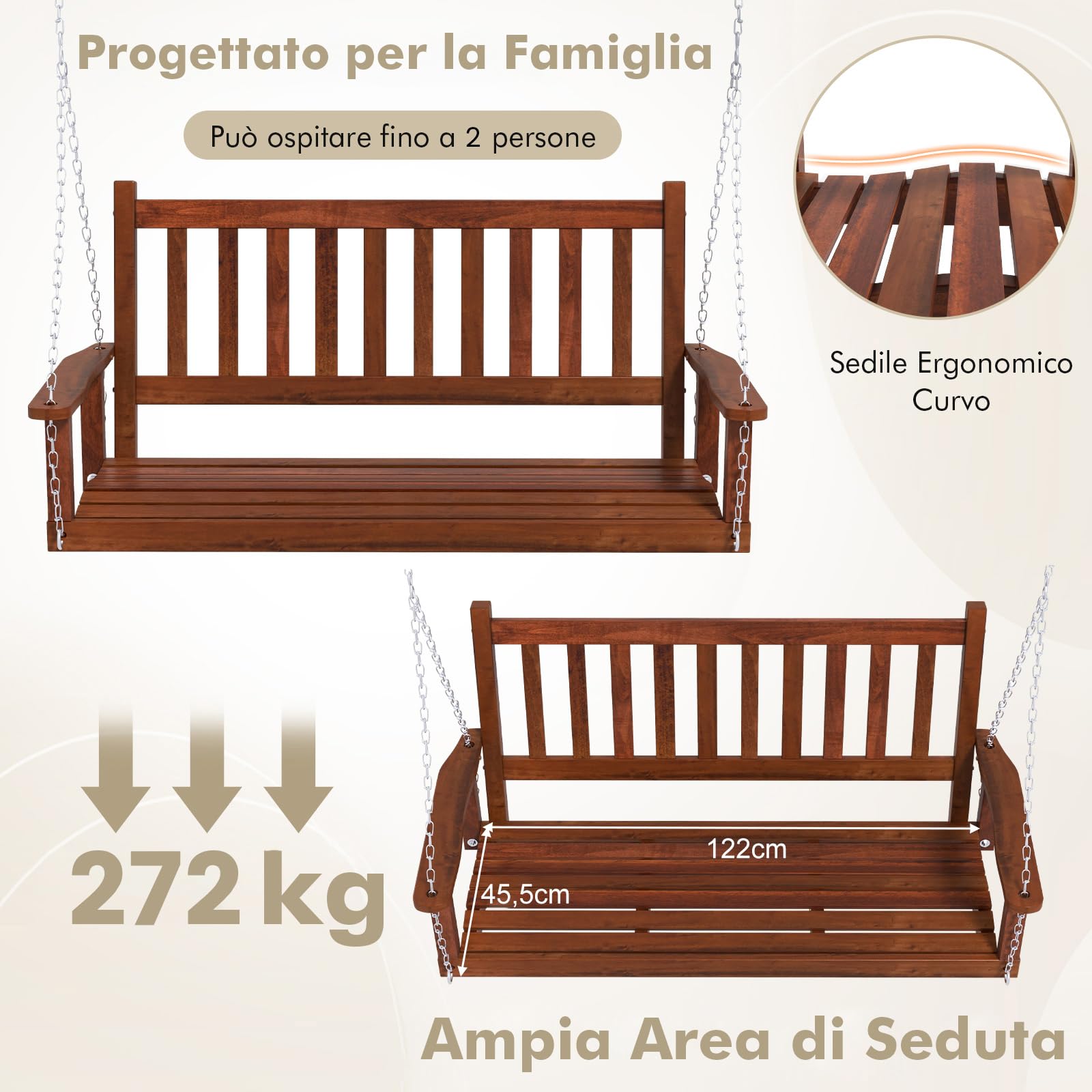 COSTWAY Altalena da Giardino in Legno per 2 Persone, Panchina Sospese in Legno con Capacità di Peso di 230 kg, Sedia a Dondolo per Giardino, Cortile (Marrone, 136 x 67 x 63 cm)