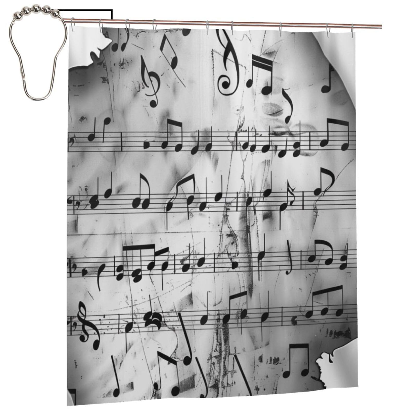 BWWHCCTI Music Notes Print Printed Shower Curtain With 12 Iron Hooks Opaque Quick Drying Waterproof Shower Curtains Sets For Bathroom 152x183 Cm
