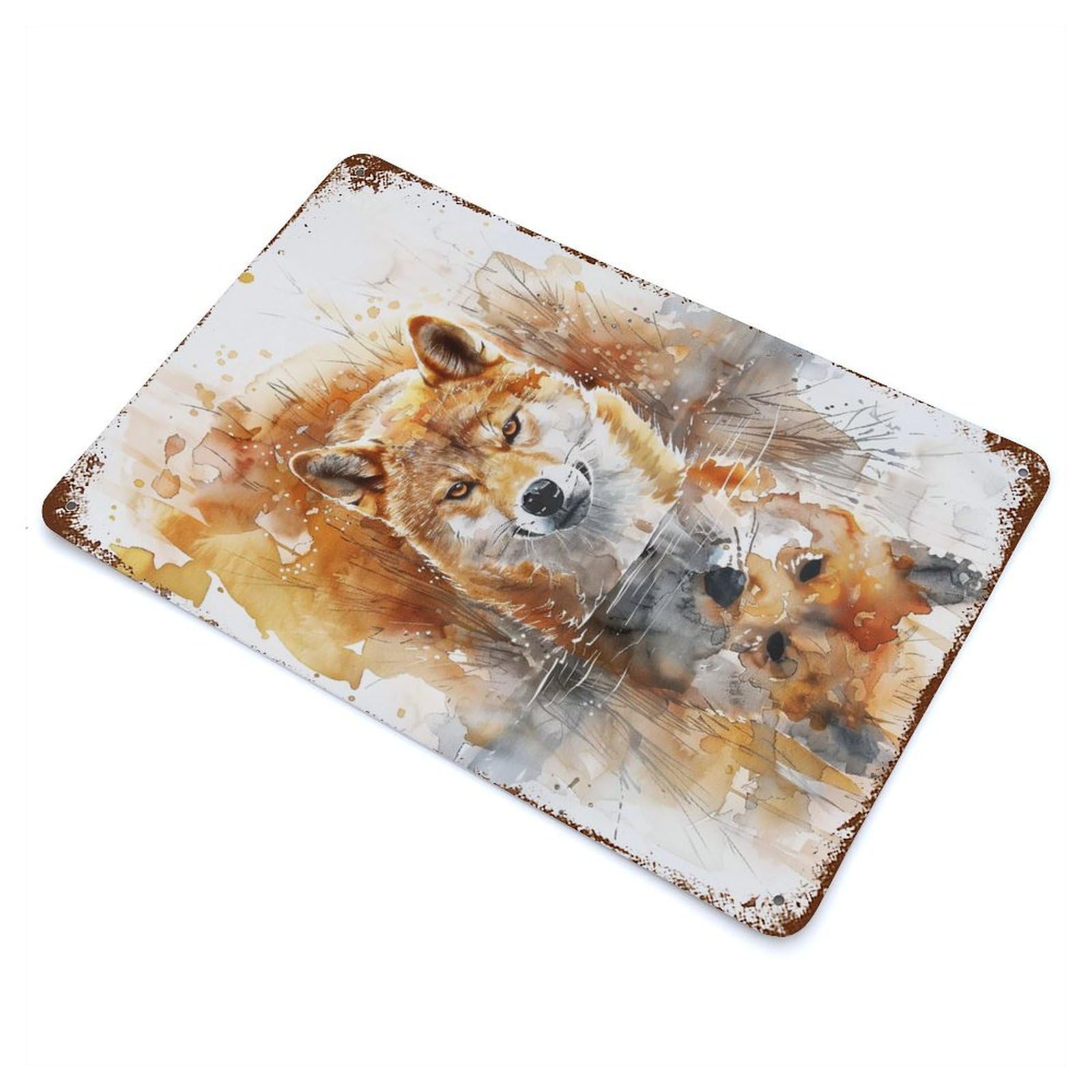 Garage Style Wolf Reflection Watercolor Weathered Tin Sign 11.8"x7.9", Classic Wall Plaque for Bar And Workshop