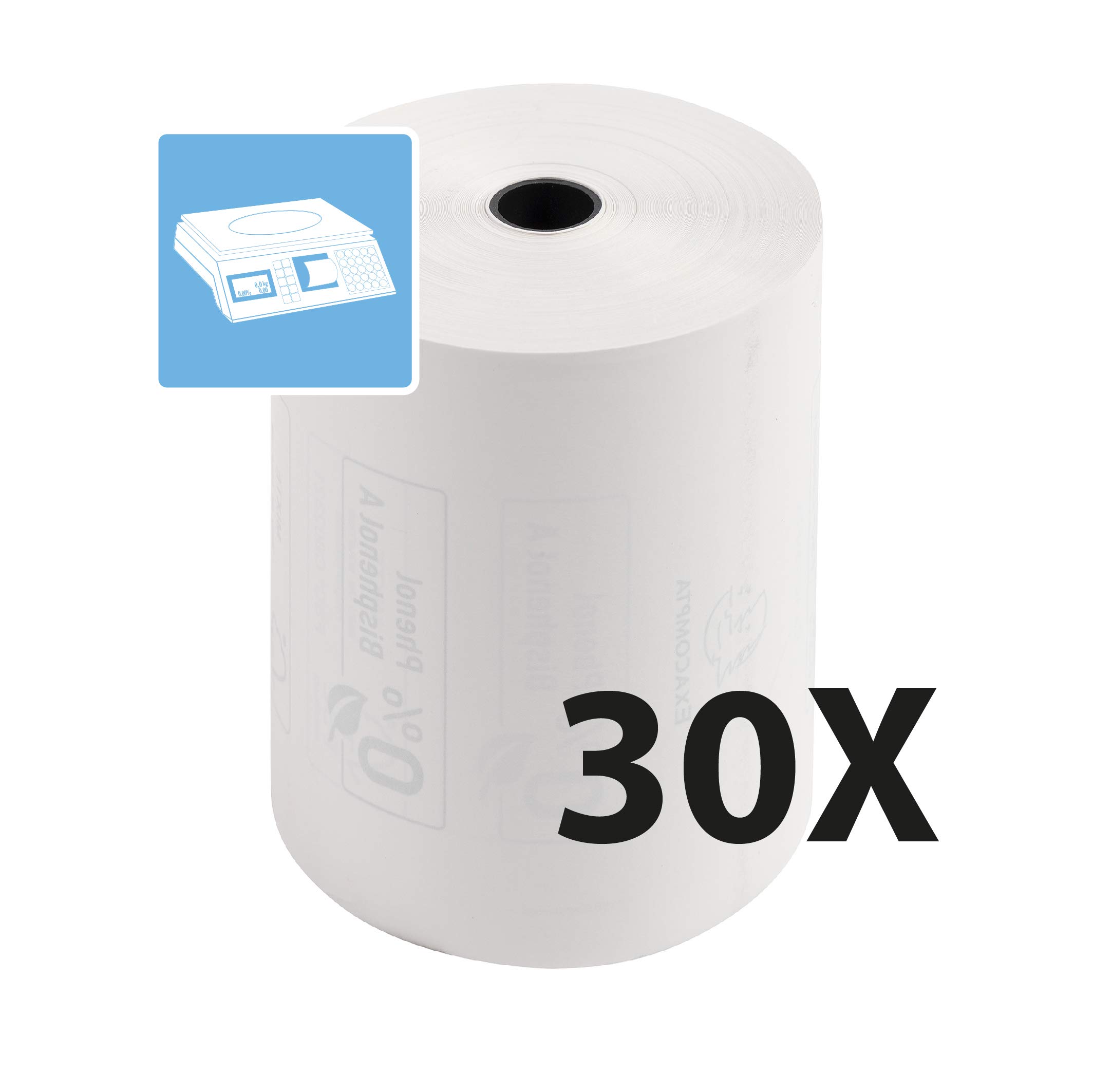 Exacompta - Réf. 43824E - Carton de 30 bobines pour balance - largeur 80 mm x diamètre 56 mm - mandrin 12 mm - 1 pli thermique 48g/m² sans Phénol - Métrage (+/-2m) : 44 m - Blanc