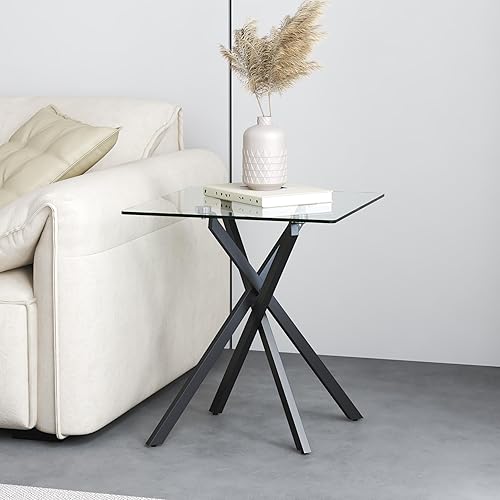 Mesa auxiliar pequeña con patas de metal, mesa auxiliar cuadrada de vidrio templado moderna para sala de estar, sofá, oficina en casa (1, negro, 20