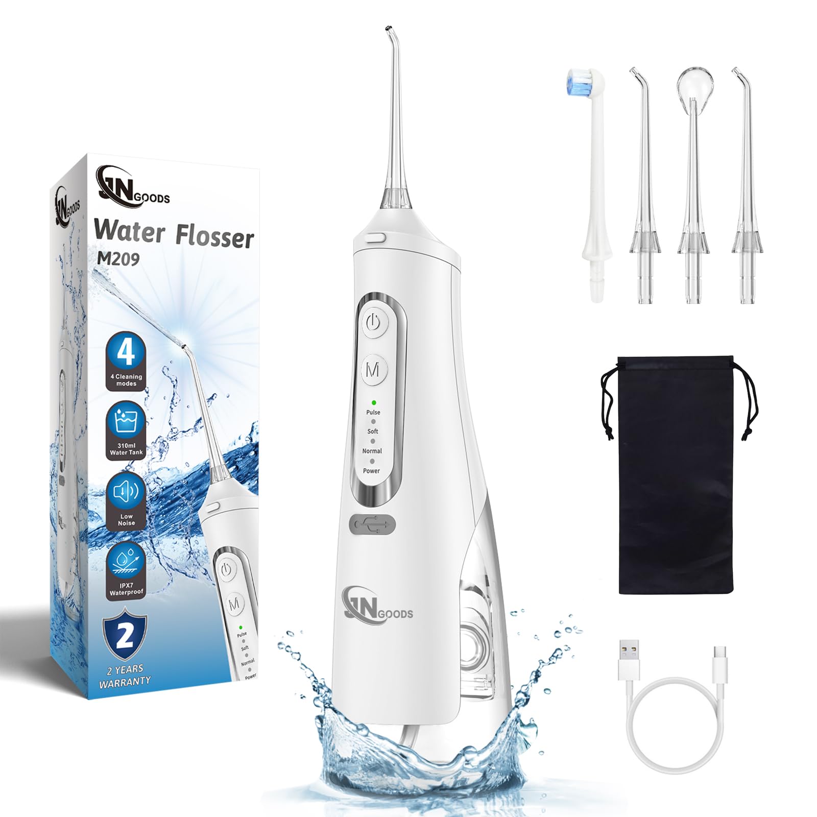 JNGOODS Cordless Water Dental Flosser Oral irrigator,JNGOODS 310ml Rechargeable Water flosser for Teeth IPX7 Waterproof 4 Modes Portable Oral
