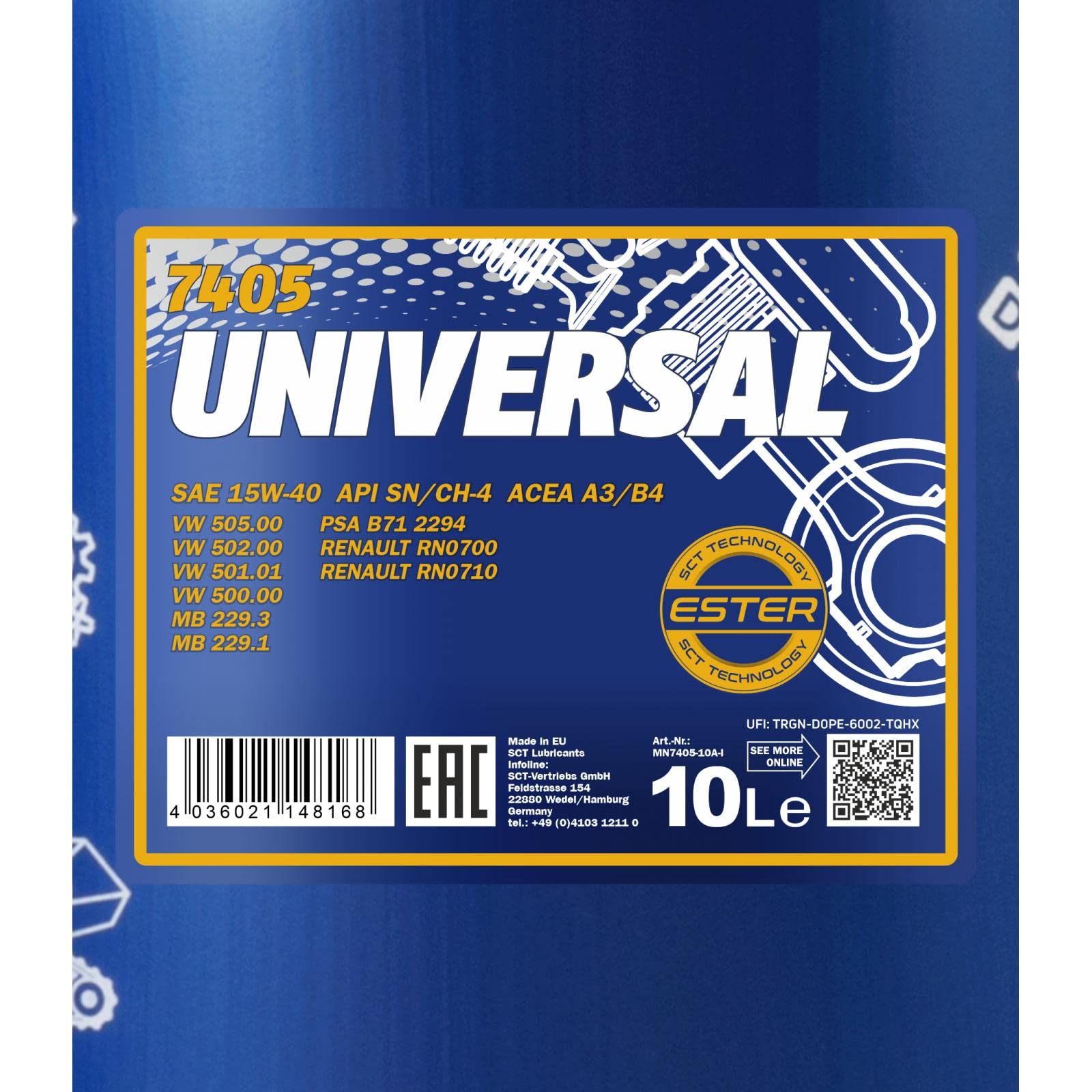 MANNOL Huile moteur UNIVERSAL 15W-40 Huile minérale ACEA A3/B4 API SN API CH-4 10 L Compatible avec VW Golf 7 3/5 portes 5G1, BQ1, BE1, BE2 Golf 4 3/5 portes 1J1 Golf 5 3/5 portes 1K1