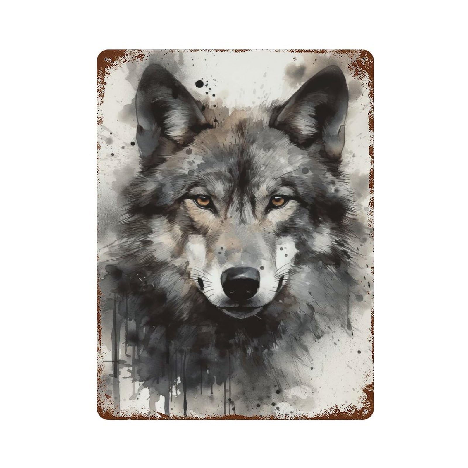 Distressed Metal Wall Sign Wolf Beauty Watercolor 15.7"x11.8", Retro Wall Decor for Basement, Hobby Room And Garage Decor