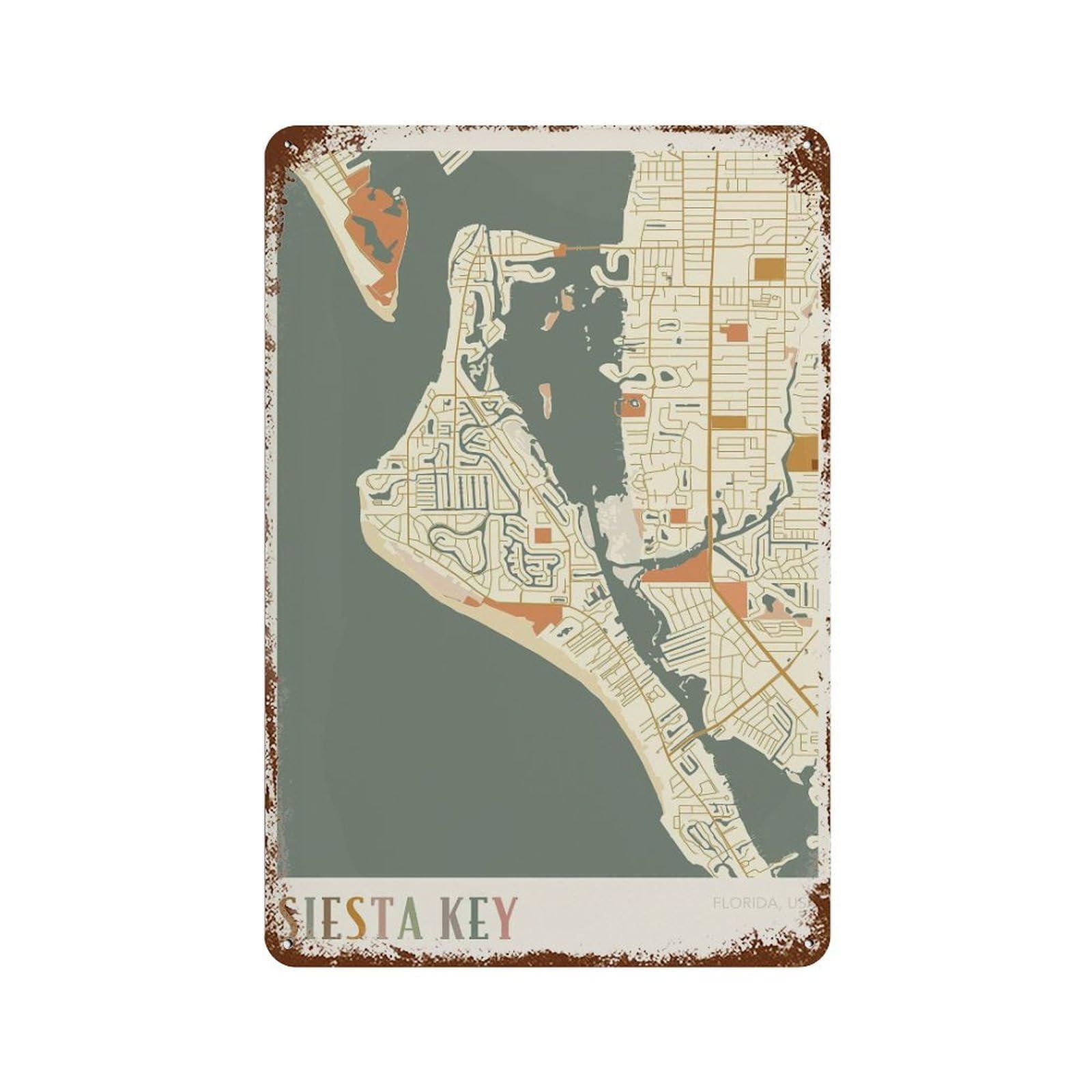 xiaoxiaoshen Siesta Key Map Florida Travel Gift Boho Wall Decor Art Metal Tin Poster Modern Home Decor Art Home Bar Shop Decorations Vintage Sign 30x20cm