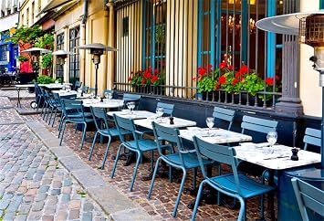 AOFOTO 7x5ft French Restaurant Backdrop European City Street Bistro Outdoor Dining Table Photography Background Urban Lane Bar Streetscape Travel Photo Studio Props Adult Lovers Portrait Wallpaper