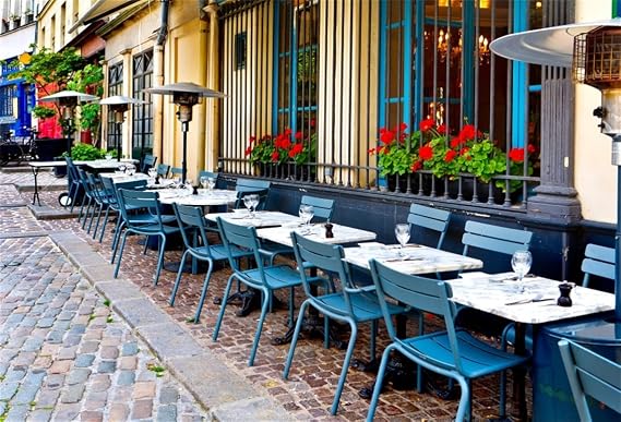 AOFOTO 7x5ft French Restaurant Backdrop European City Street Bistro Outdoor Dining Table Photography Background Urban Lane Bar Streetscape Travel Photo Studio Props Adult Lovers Portrait Wallpaper