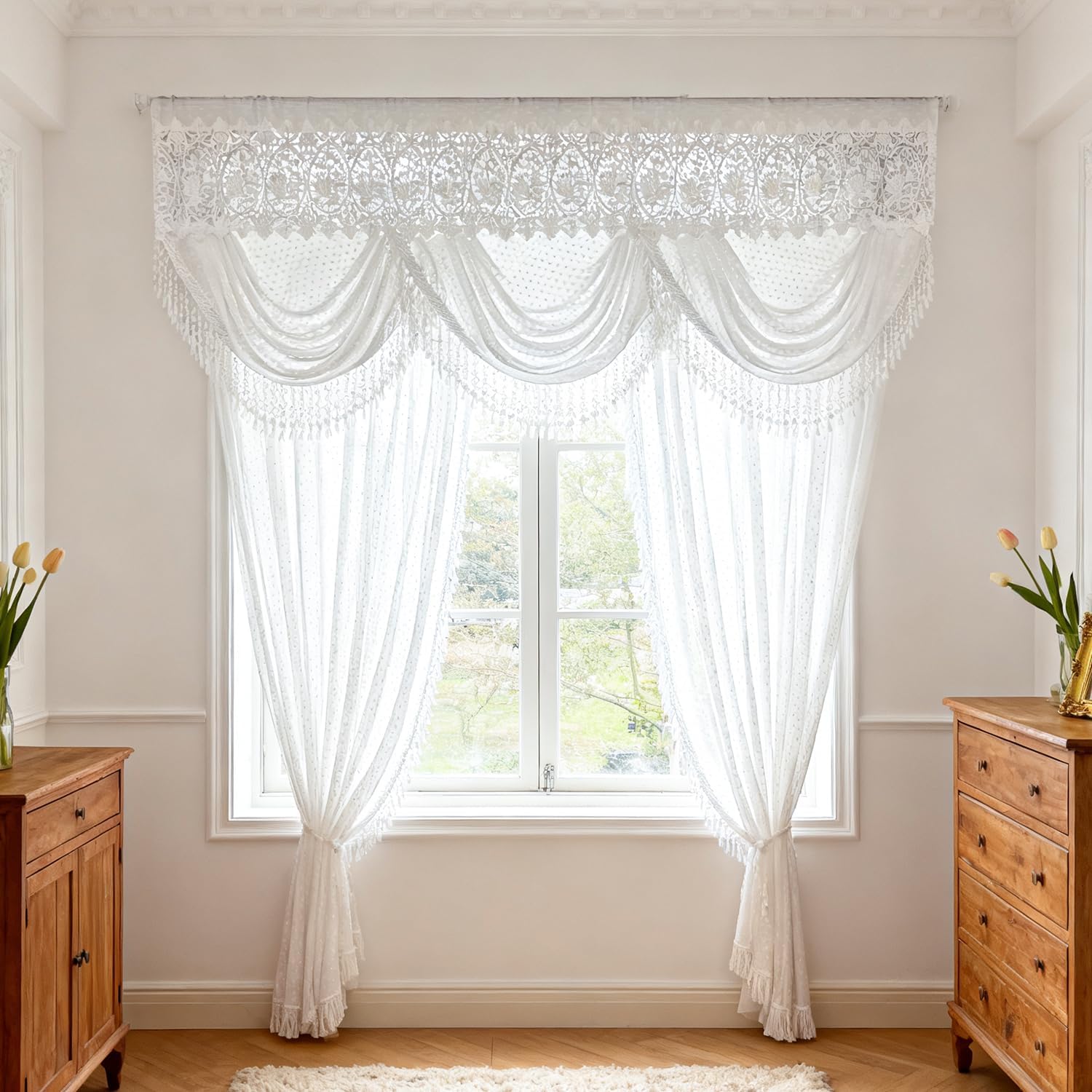 Gxi White Scallop Sheer Curtain Valance Tassel Waterfall Valance for Living Room Rod Pocket Voile Lace Curtain for Kitchen Window Treatment Swags 1 Panel Polka Dot Pattern, Width 75 Inch