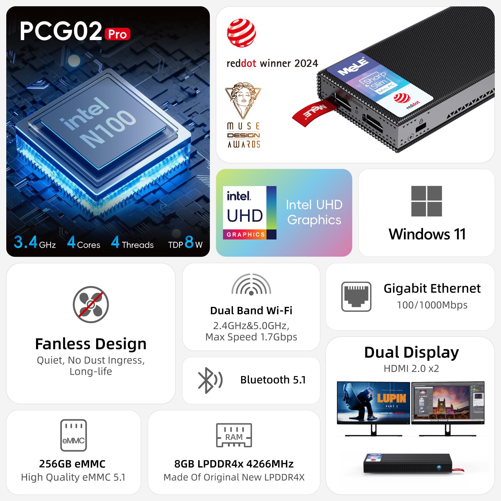 MeLE PCG02 Pro Lüfterloses PC-Stick, N100 8GB 256GB,with Windows 11 Pro 4K HDMI