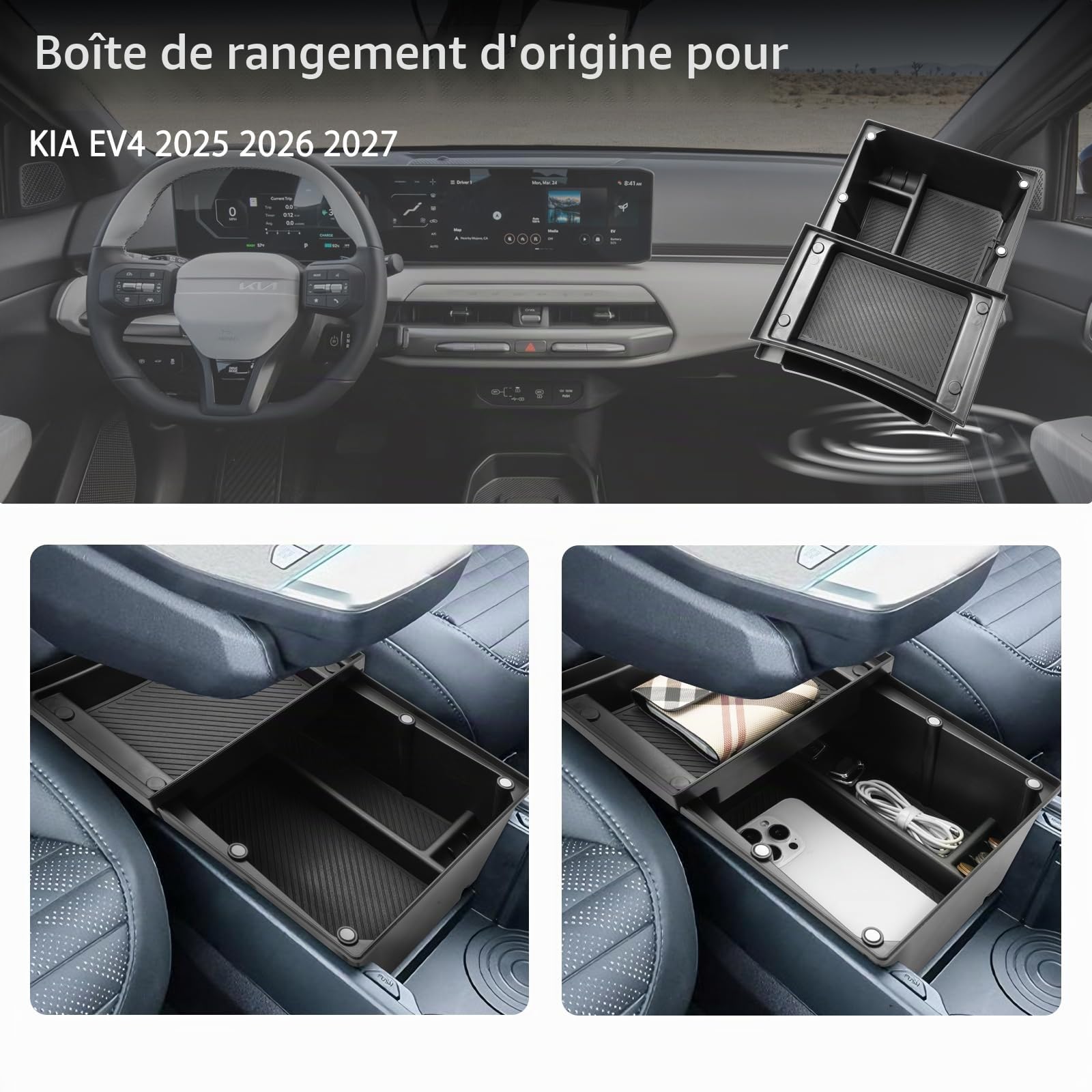 SHAOHAO Compatible avec Kia EV4 CT 2025 2026 2027 Compartiment de rangement à deux niveaux dans la console centrale Mécanisme coulissant Fermeture magnétique Kia EV4 Accessoires