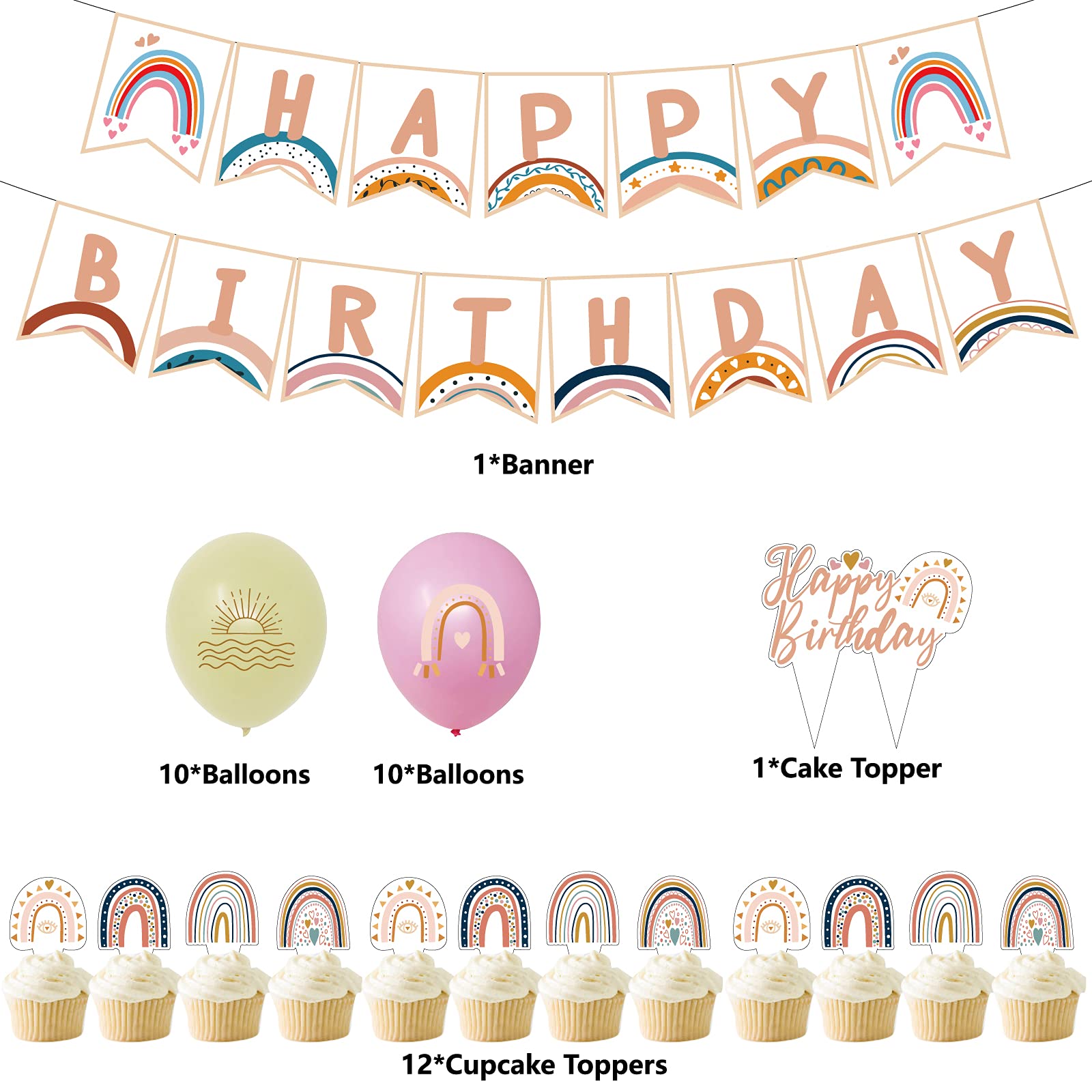 Boho Rainbow birthday party supplies,Boho decorations Set includes