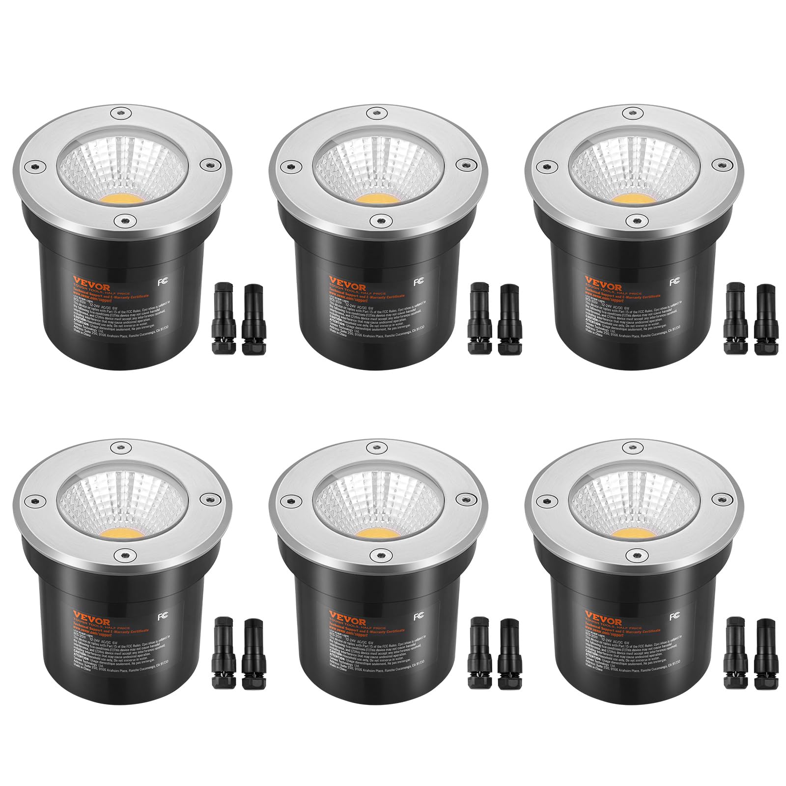 VEVOR Low Voltage Landscape Lights, LED Well Lights, 6W 12V-24V In-Ground Light, IP67 Waterproof Outdoor Landscape Lighting with Connectors, for Driveway Deck Garden Pathway Lights (6 Pack Warm White)