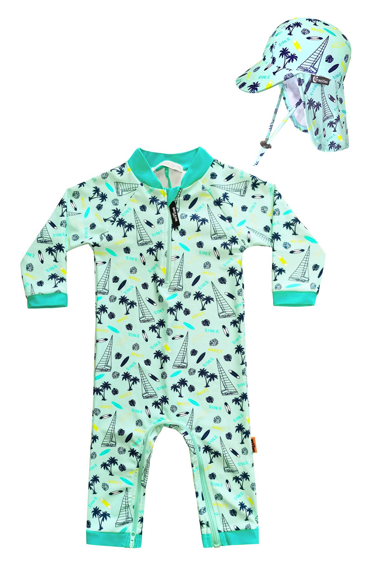 weVSwe Baby Long Sleeve Beach Swimwear Boy Sailboat Swimsuit Sun Protection Rash Guard Green with Swim Hat 6-12 Months