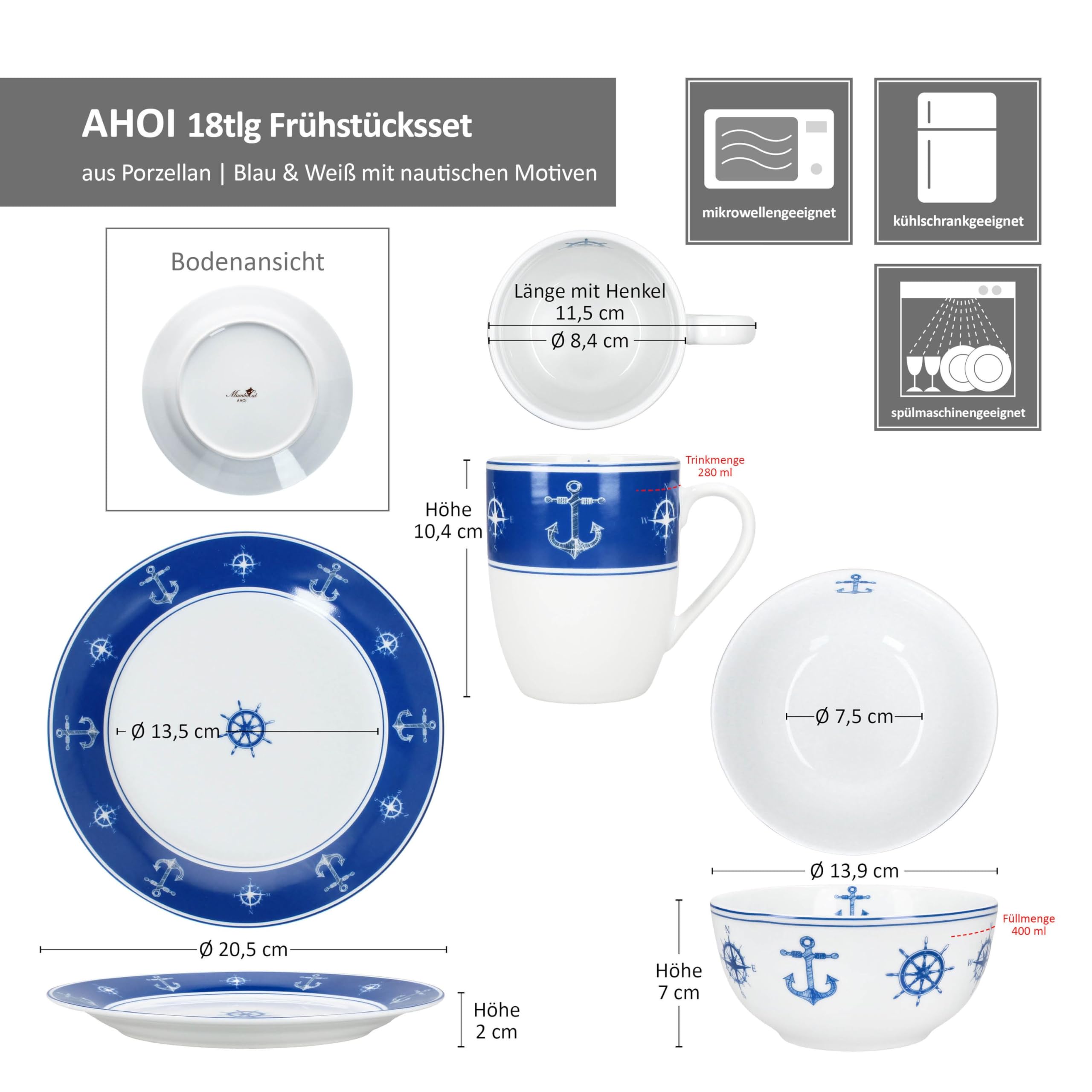 MamboCat AHOI 18tlg Frühstücksset aus Porzellan I blau-weißes maritimes Design mit Anker & Steuerrad I je 6X Kuchenteller, Müslischale & Kaffeebecher für 6 Personen