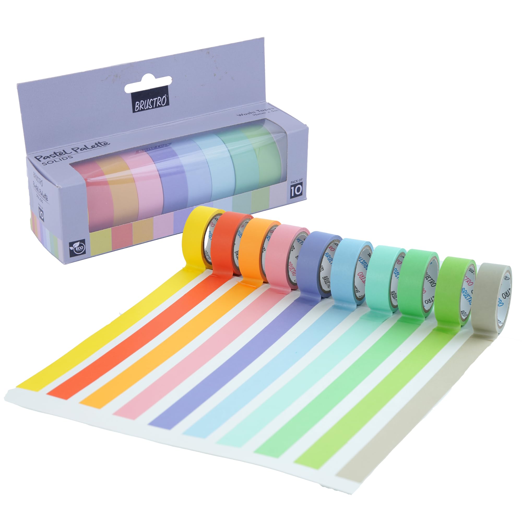BRUSTRO Washi Masking Tapes Pastel Palette Solids Shade, 15 mm X 5 mtrs (Set of 10) | Ideal for Scrapbooking, Planners, Card/Gift Wrapping, DIY, Home Decor, Art & Craft Supplies