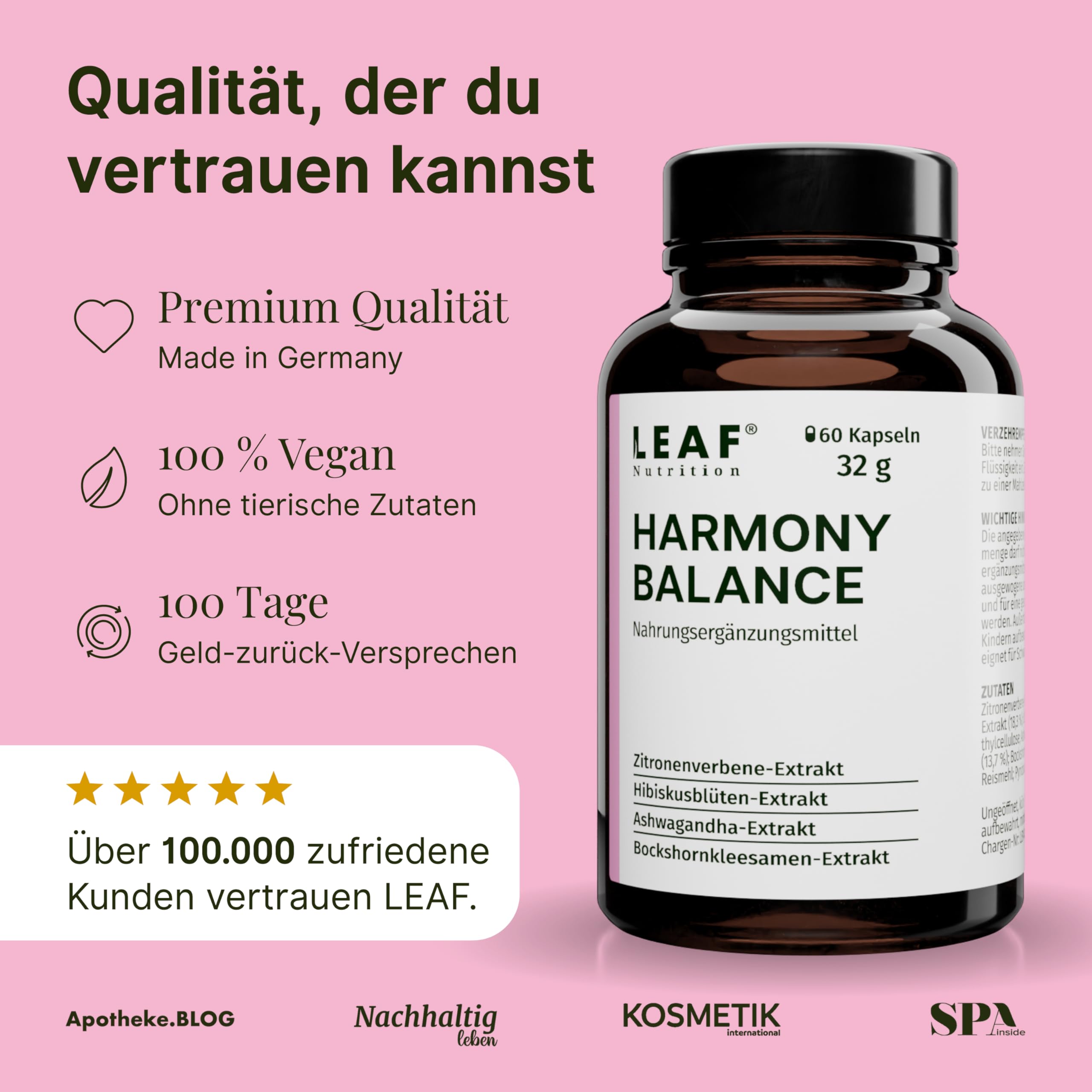 LEAF HARMONY BALANCE Kapseln Frauen – Meno Komplex Wechseljahre mit Ashwagandha, Zitronenverbene, Vitamin B6 zur Regulierung der Hormontätigkeit – 60 vegane Kapseln, made in Germany