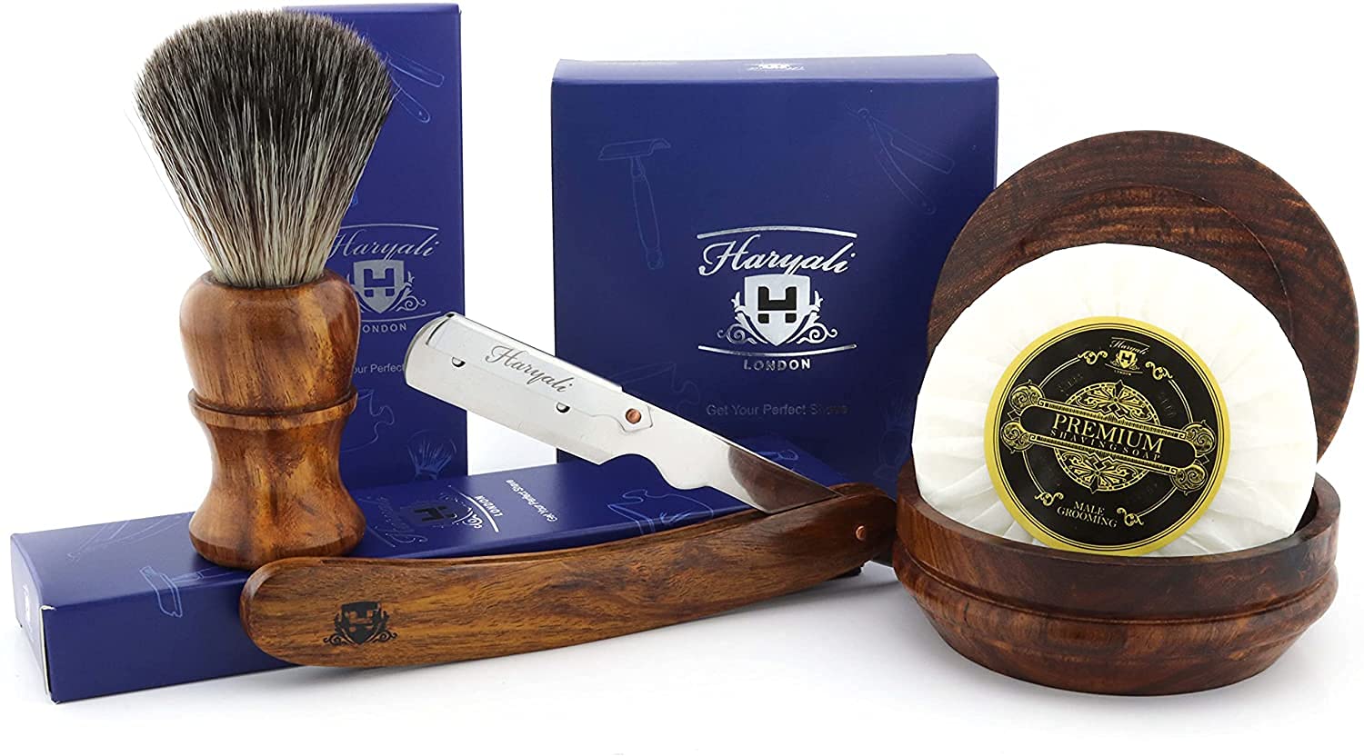 4pz in Legno Depilazione Set con Dritto Taglio Gola / Professionale Rasoio, Nero Tasso Look Allo Stesso Modo Capelli Sintetici Spazzola con Sapone & Vaso Perfetto Set in Legno di Rosa